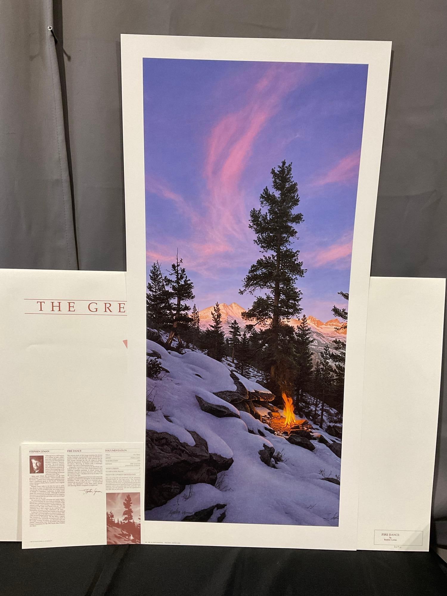 Unframed Signed & #d 3696/8500 Lithograph titled Fire Dance by Stephen Lyman 1993, 23x41 inch w/COA: All from the same collection. Appears to be in good shape. The piece measures approx 23h x 41w x 2d inches. See pics. E-6350 valued 200 to 400