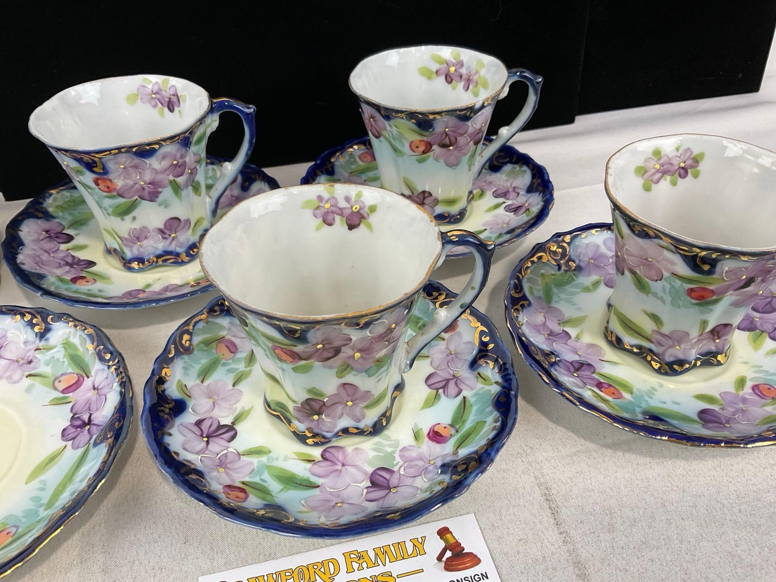 Vintage Teacup & Saucer Set, 4 cups, 5 saucers, & Teacup Strainer w/bowl, Unmarked, Cobalt & Floral - 3