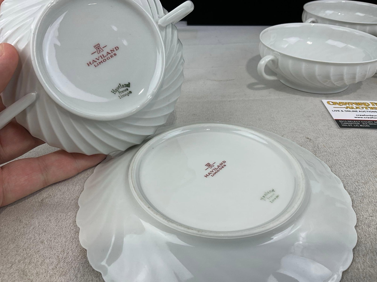 4 Soup Bowls Double Handled, & 1 Saucer, Haviland Limoges Porcelain China, Torse Blanc pattern - 2
