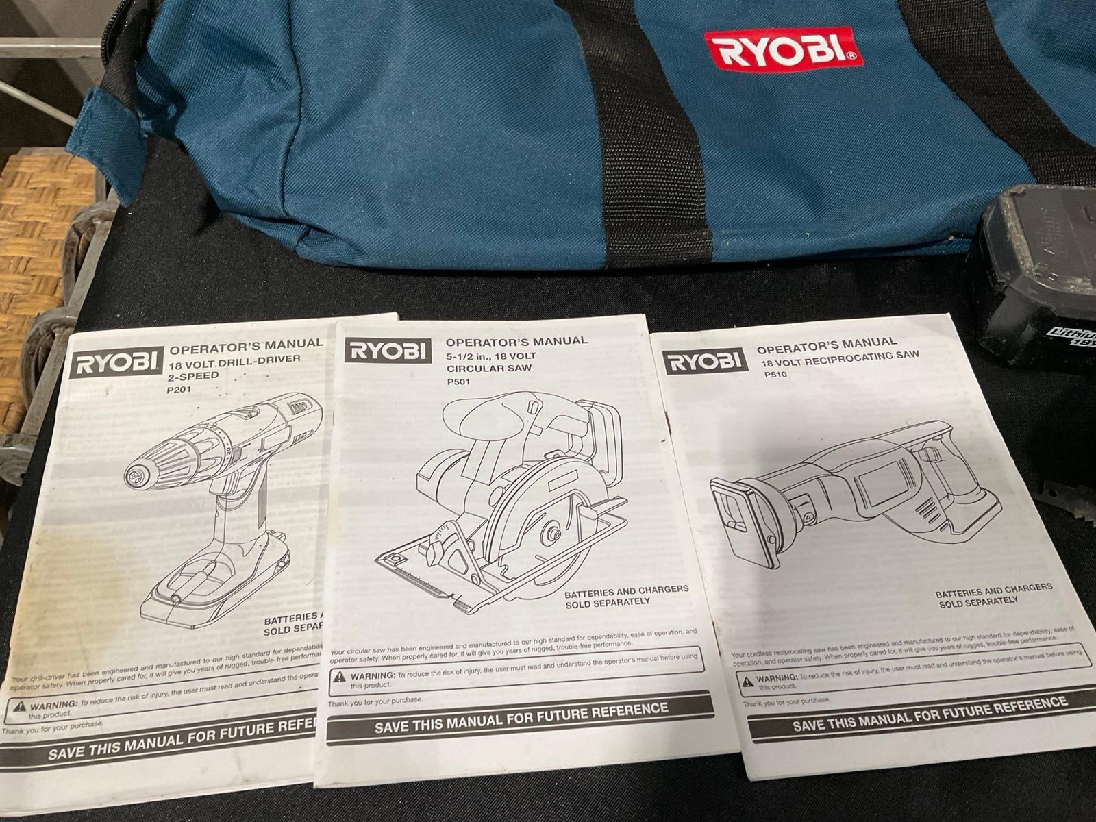 Ryobi Drill-Driver P201, Circular Saw 501, & Reciprocating Saw P510, nylon case, tested & working - 2