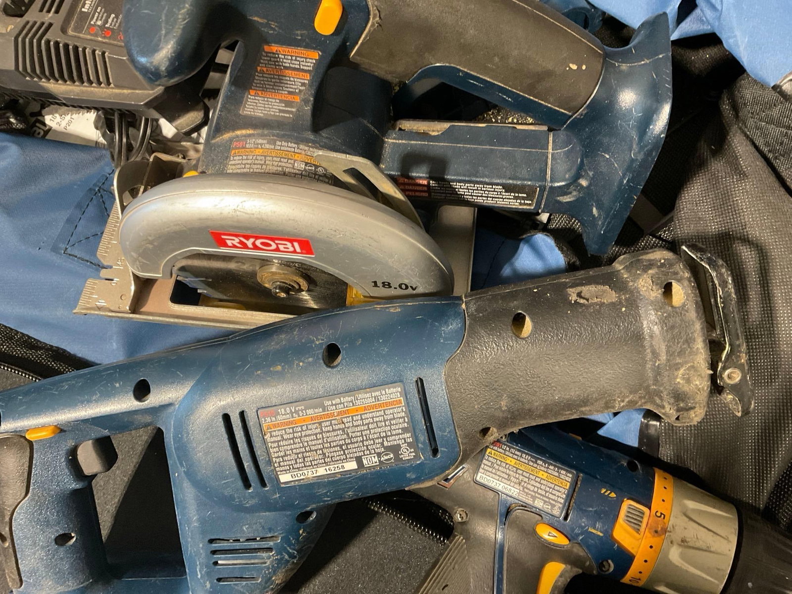 Ryobi Drill-Driver P201, Circular Saw 501, & Reciprocating Saw P510, nylon case, tested & working - 5