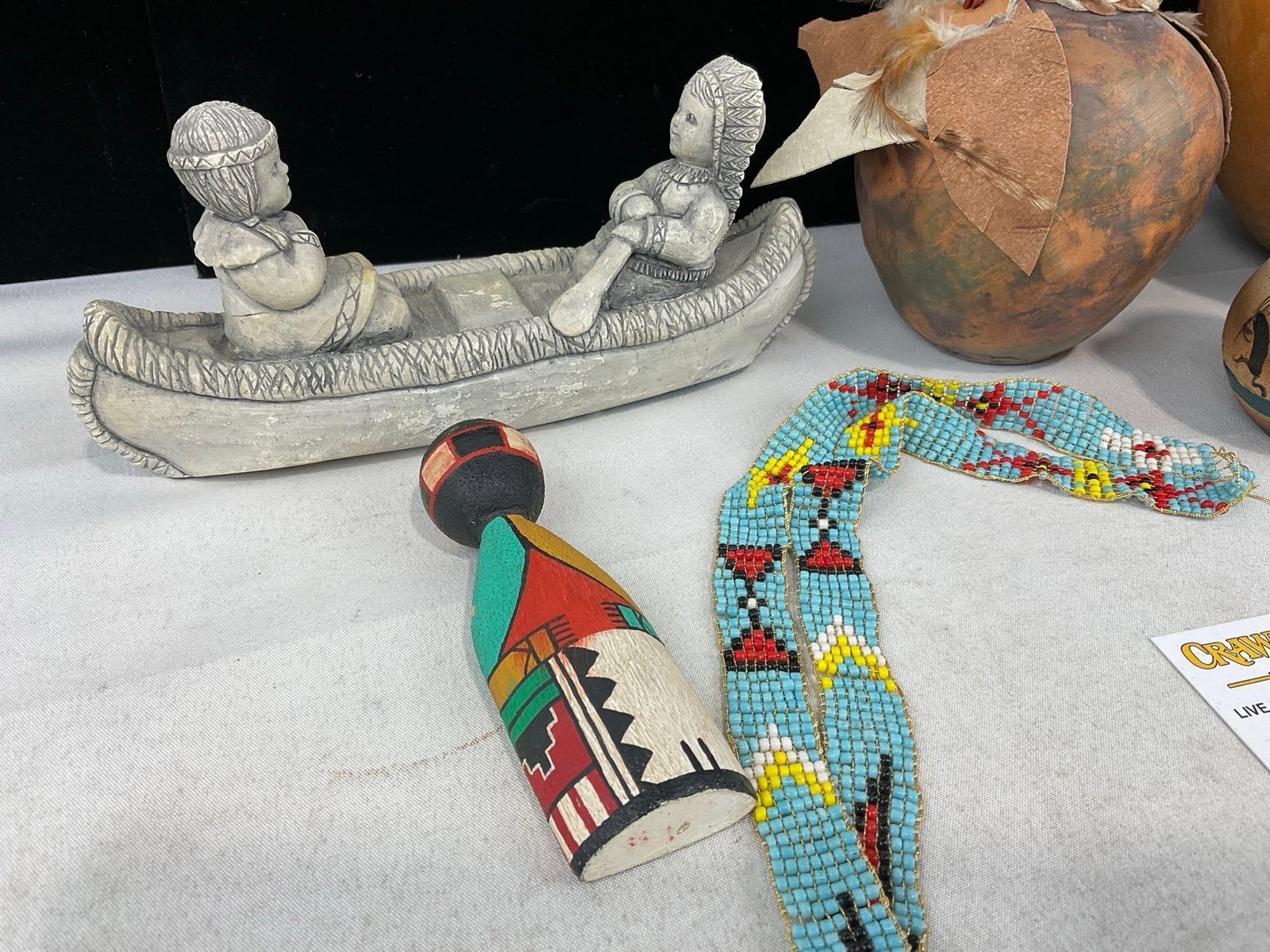 Collection of Native Art, Painted Gourd, 2 Vases, Formed Ash Canoe, Beaded Necklace, & Wooden Doll - 2