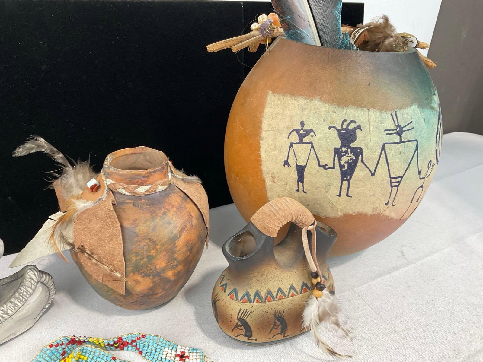 Collection of Native Art, Painted Gourd, 2 Vases, Formed Ash Canoe, Beaded Necklace, & Wooden Doll - 3