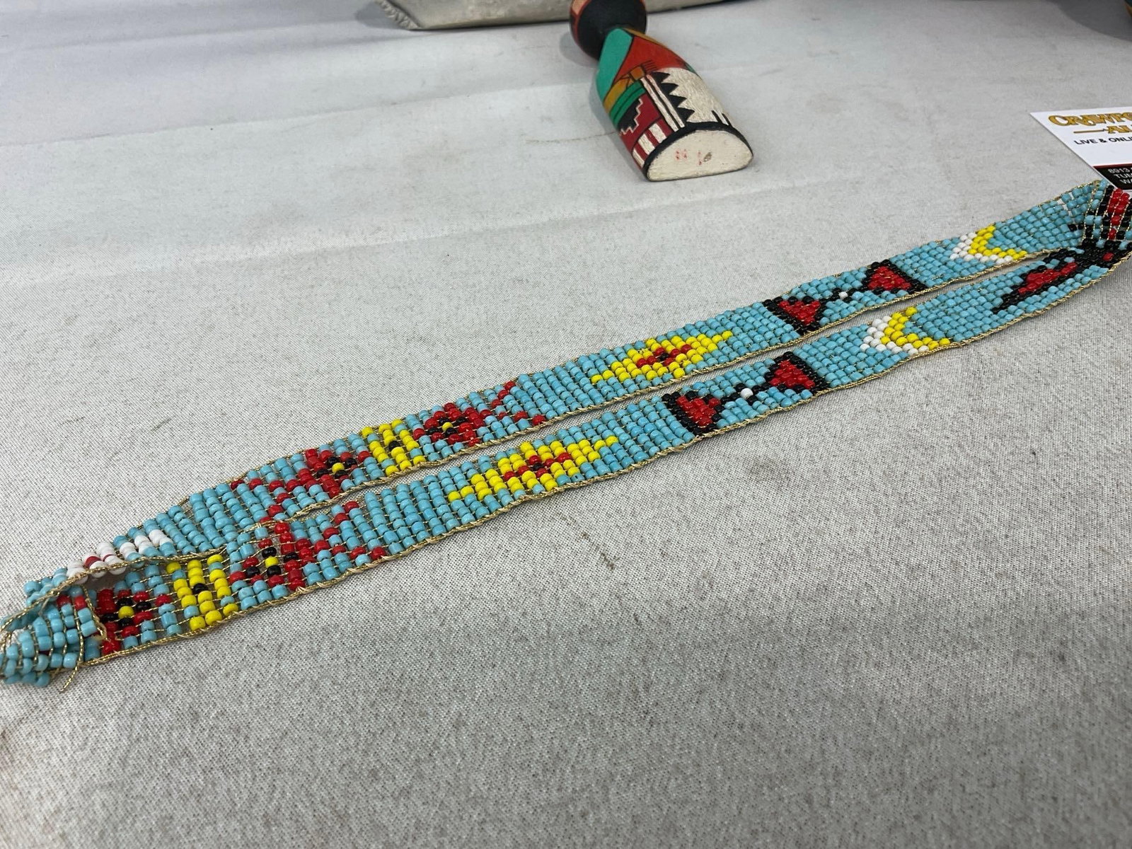 Collection of Native Art, Painted Gourd, 2 Vases, Formed Ash Canoe, Beaded Necklace, & Wooden Doll - 4