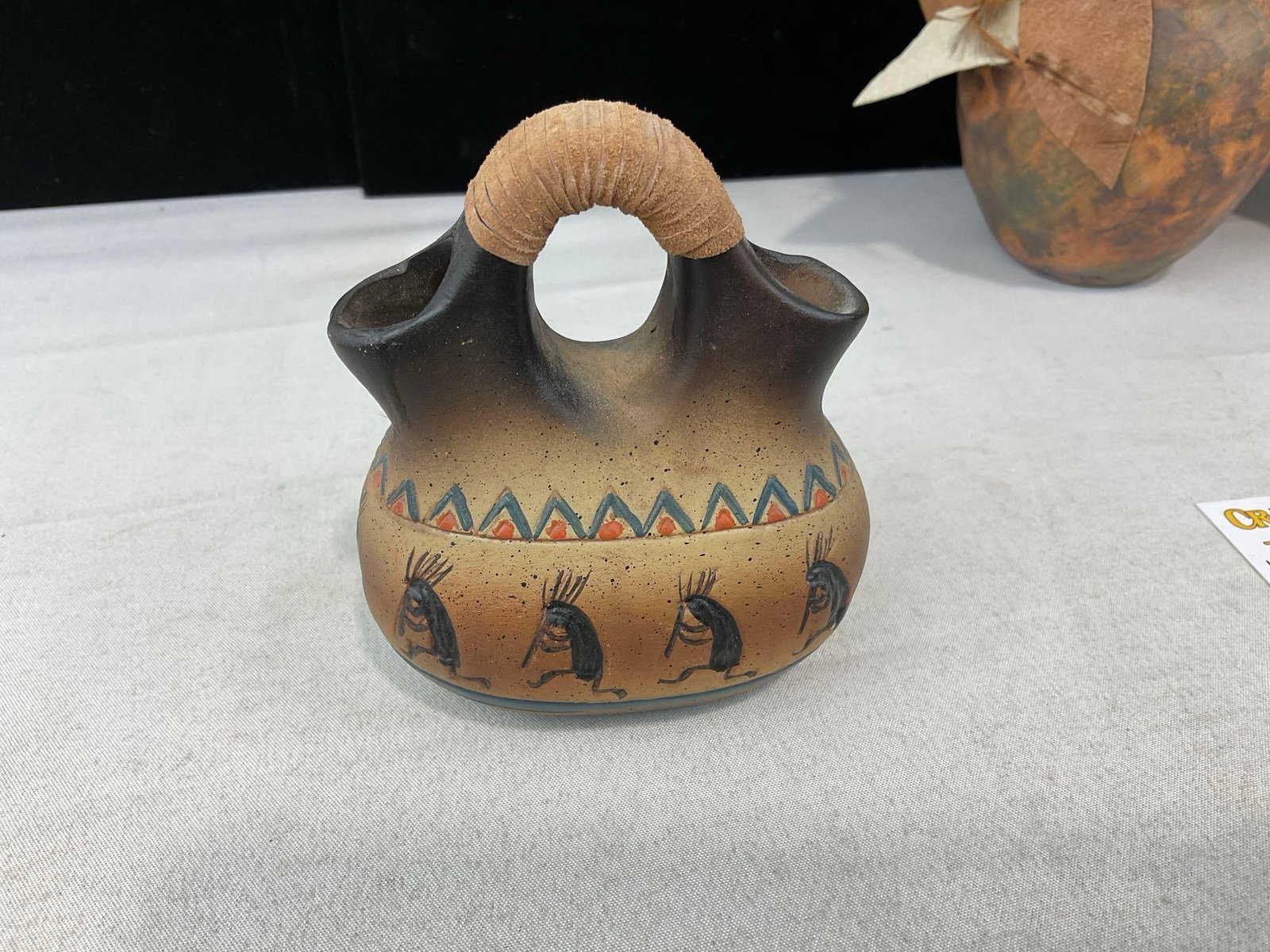 Collection of Native Art, Painted Gourd, 2 Vases, Formed Ash Canoe, Beaded Necklace, & Wooden Doll - 7