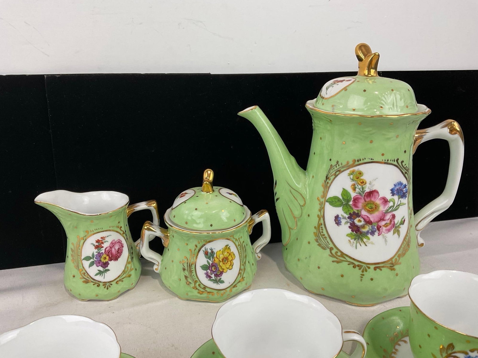 Green & White w/Floral Pattern Limoges China, Sugar & Creamer, Teapot, 6 Saucers & 6 cups - 2
