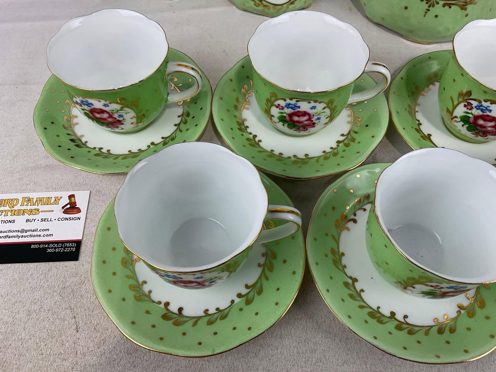 Green & White w/Floral Pattern Limoges China, Sugar & Creamer, Teapot, 6 Saucers & 6 cups - 3