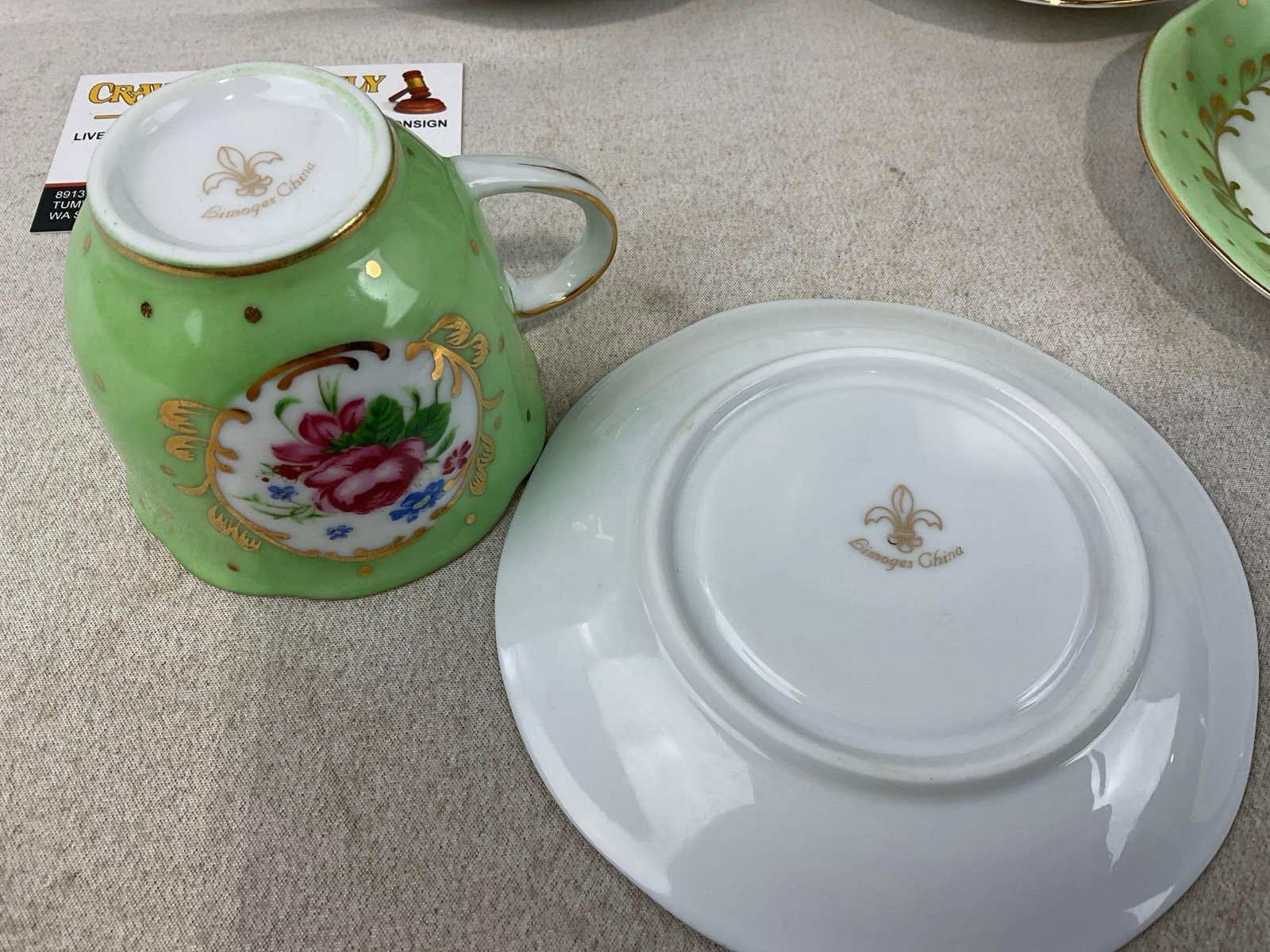 Green & White w/Floral Pattern Limoges China, Sugar & Creamer, Teapot, 6 Saucers & 6 cups - 5