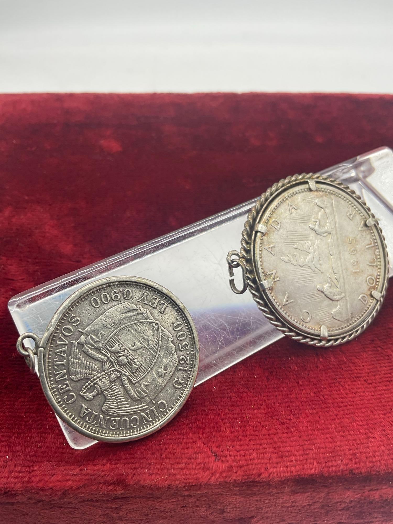 1965 Canadian Silver dollar in 835 Silver bezel + 1933 Coumbnian Silver .900 Silver 50 cenavos 12... - 4