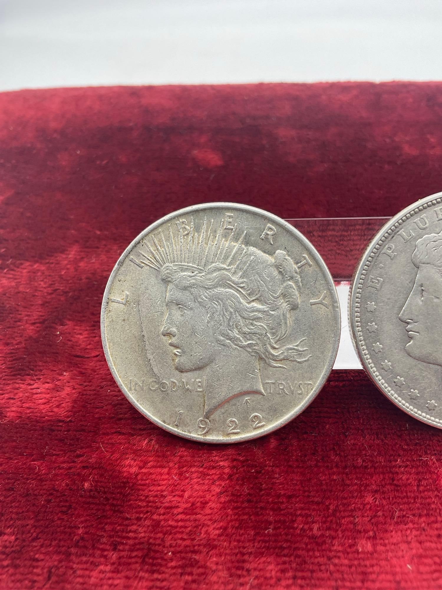2 x Antique silver dollar coins, 1921-D silver Morgan, 1922 Silver Peace Dollar - 2