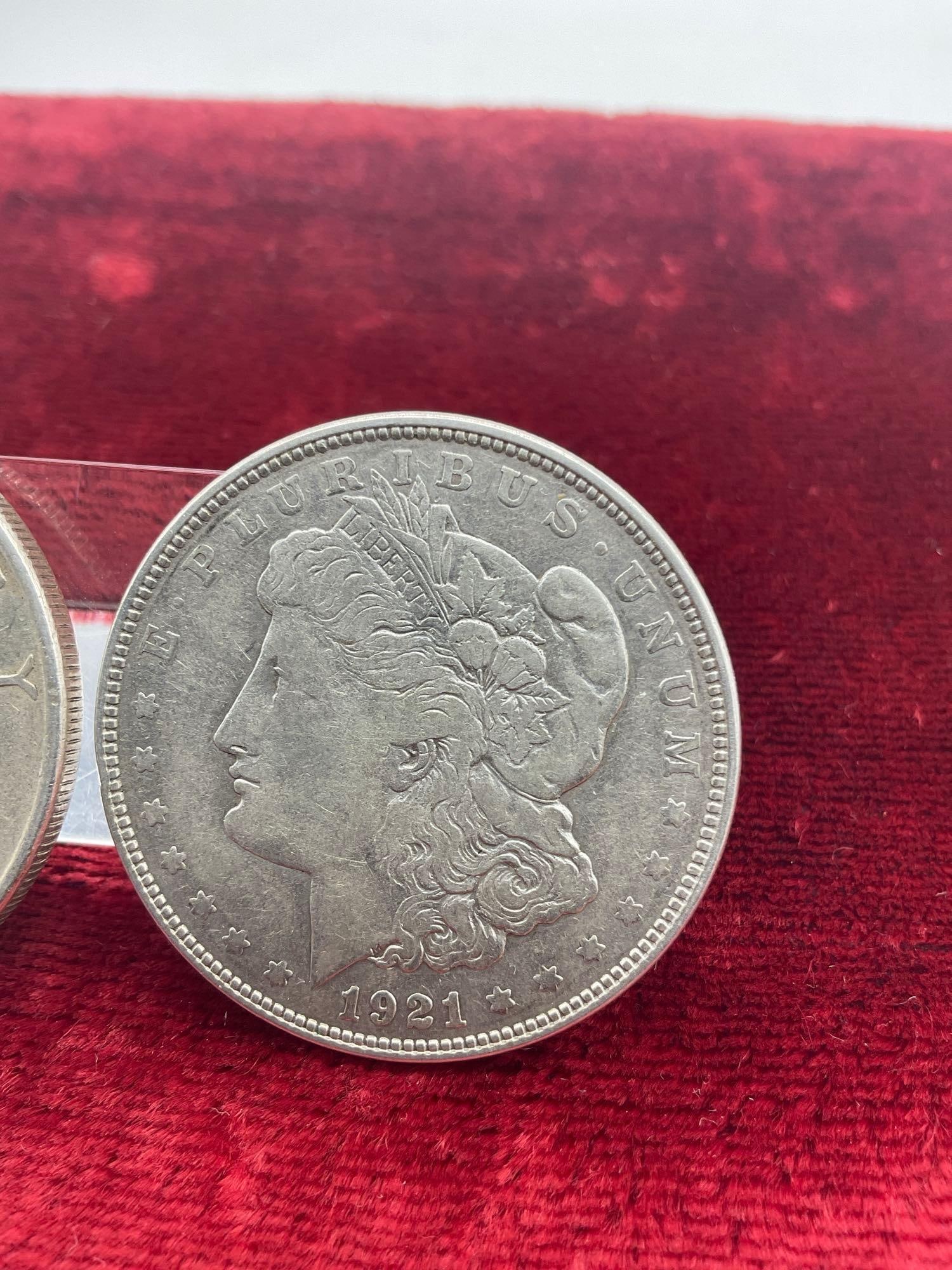 2 x Antique silver dollar coins, 1921-D silver Morgan, 1922 Silver Peace Dollar - 3