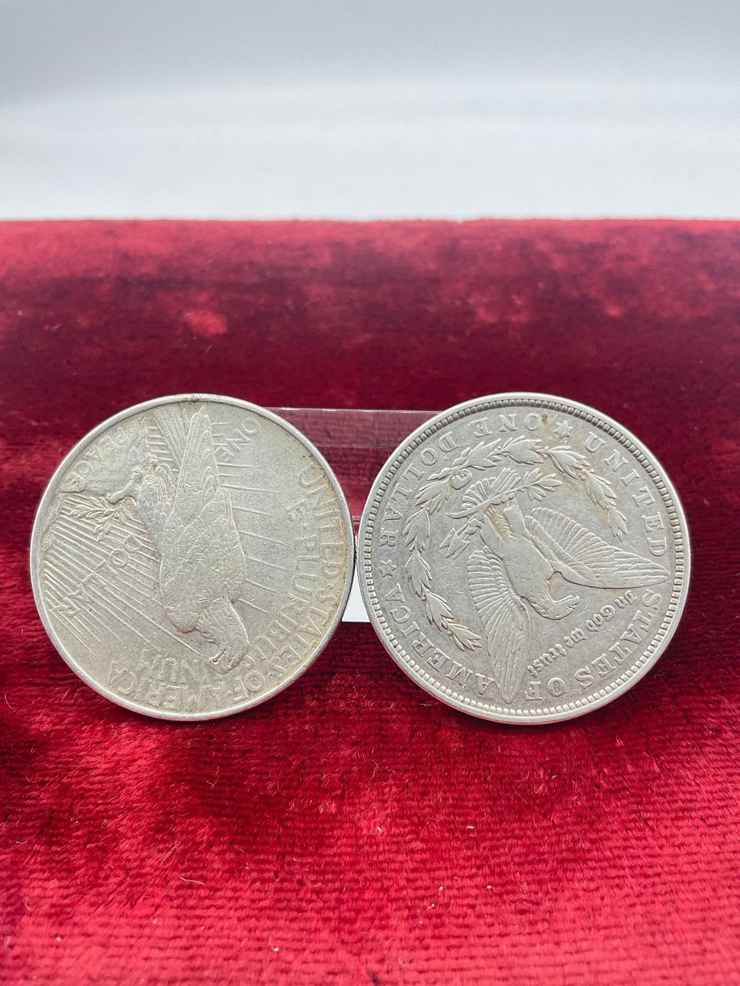 2 x Antique silver dollar coins, 1921-D silver Morgan, 1922 Silver Peace Dollar - 4
