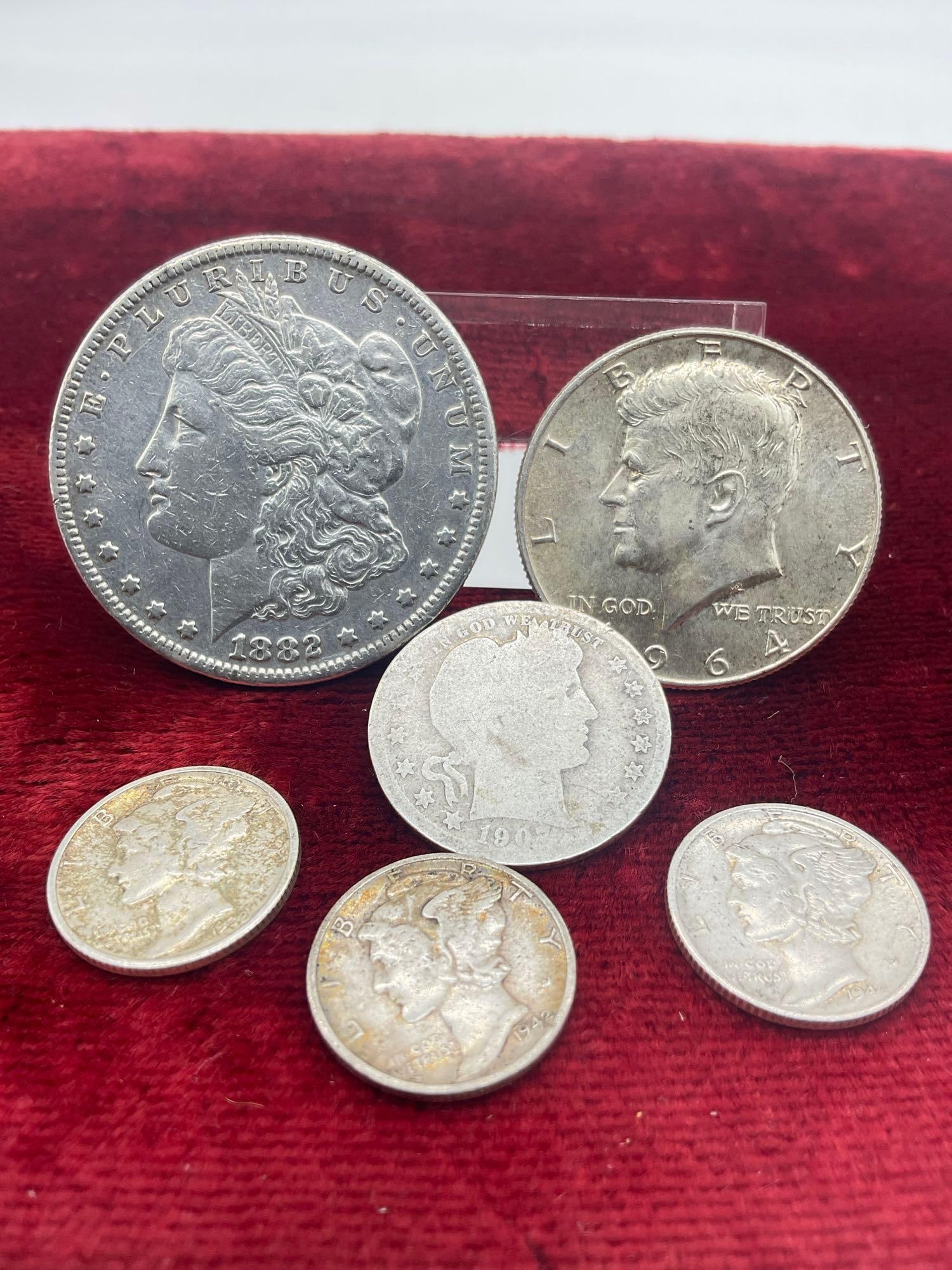 Antique Silver 1882-S Morgan dollar + 1964 silver kenndy half, 3x silver Mecury Dimes, 1907 Quater - 2