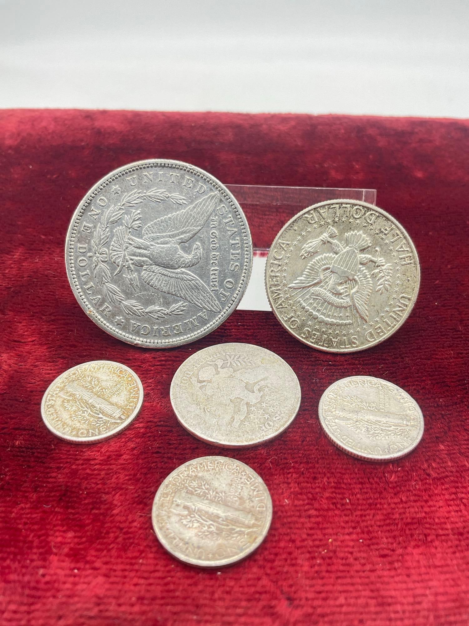 Antique Silver 1882-S Morgan dollar + 1964 silver kenndy half, 3x silver Mecury Dimes, 1907 Quater - 3