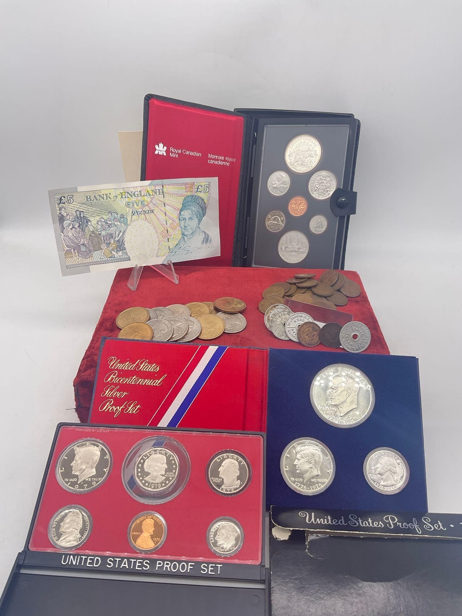 Canadian & US coins, 5 # English Note, wheat pennies, Bicentennial Silver 3 coin set etc (1 of 6)