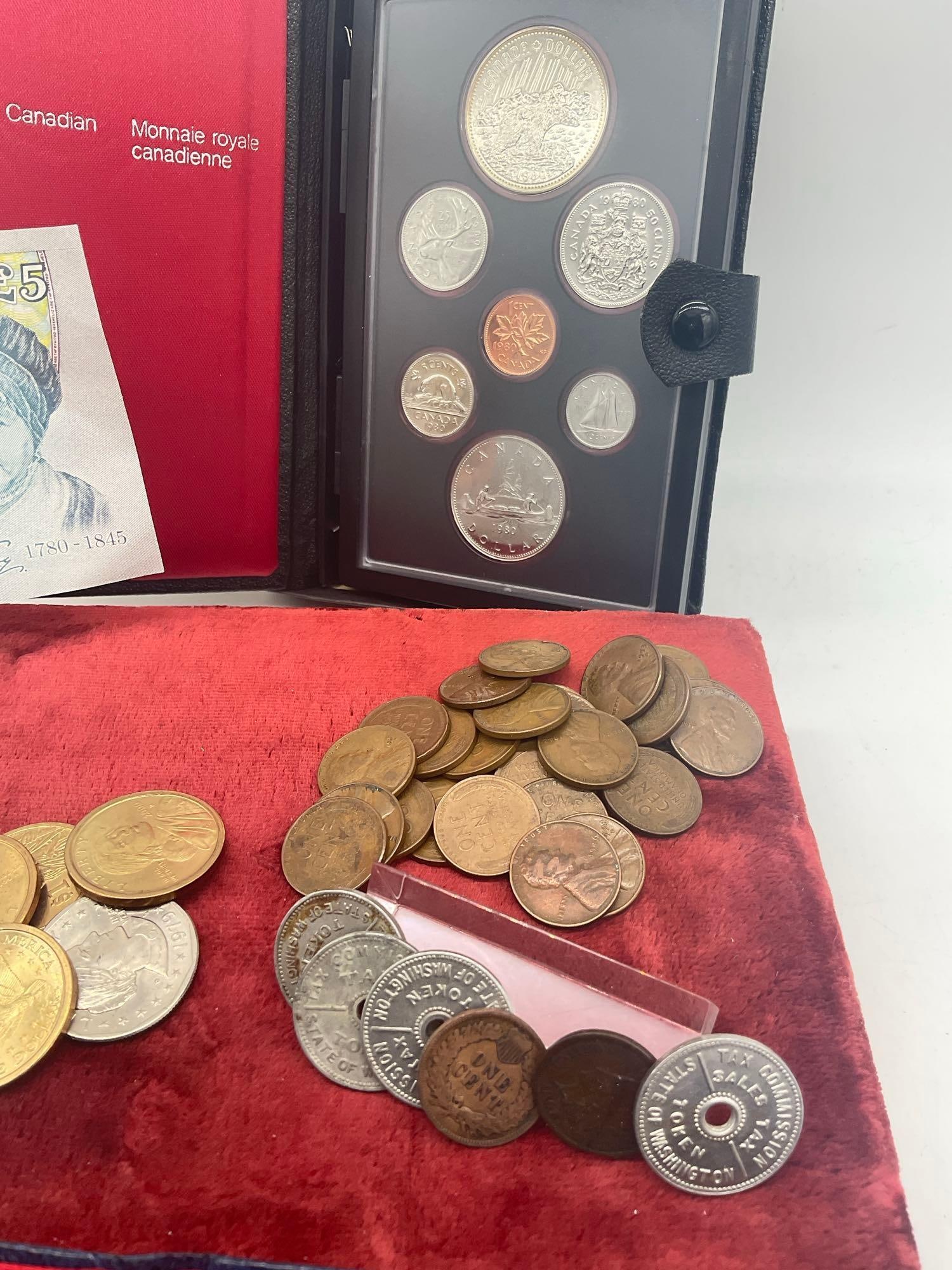 Canadian & US coins, 5 # English Note, wheat pennies, Bicentennial Silver 3 coin set etc - 5