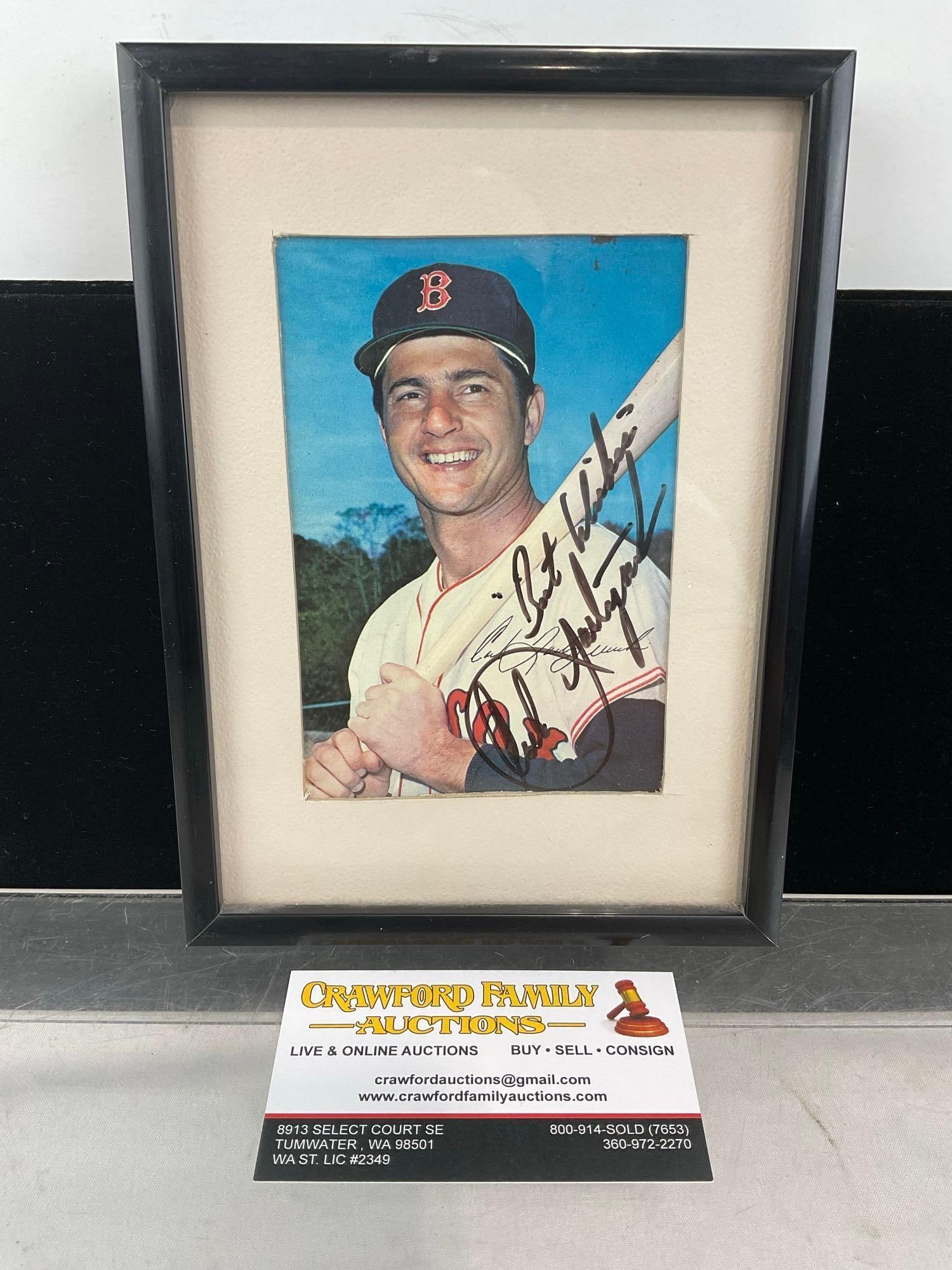 Framed Signed Photograph of Carl Yaz Yastrzemski, Boston Red Sox, 1961-83, 8x6x2 inches: All from the same collection. Appears to be in good shape. The piece measures approx 8h x 6w x 2d inches. See pics. E-6290