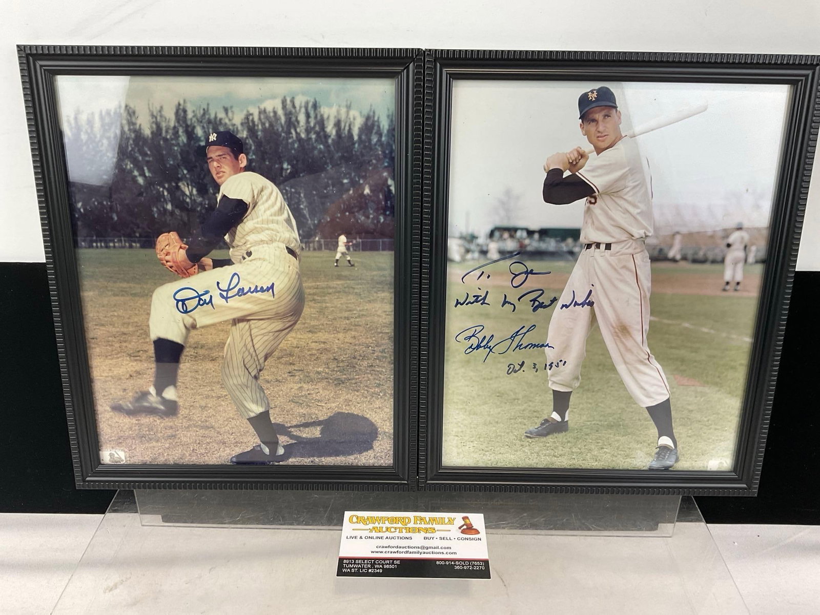 Framed Signed Photos, Don Larsen NY Yankees Pitcher & Bobby Thomson 1951 Shot Heard Round the World: All from the same collection. Appears to be in good shape. The piece measures approx 12h x 10w x 2d inches. See pics. E-6290