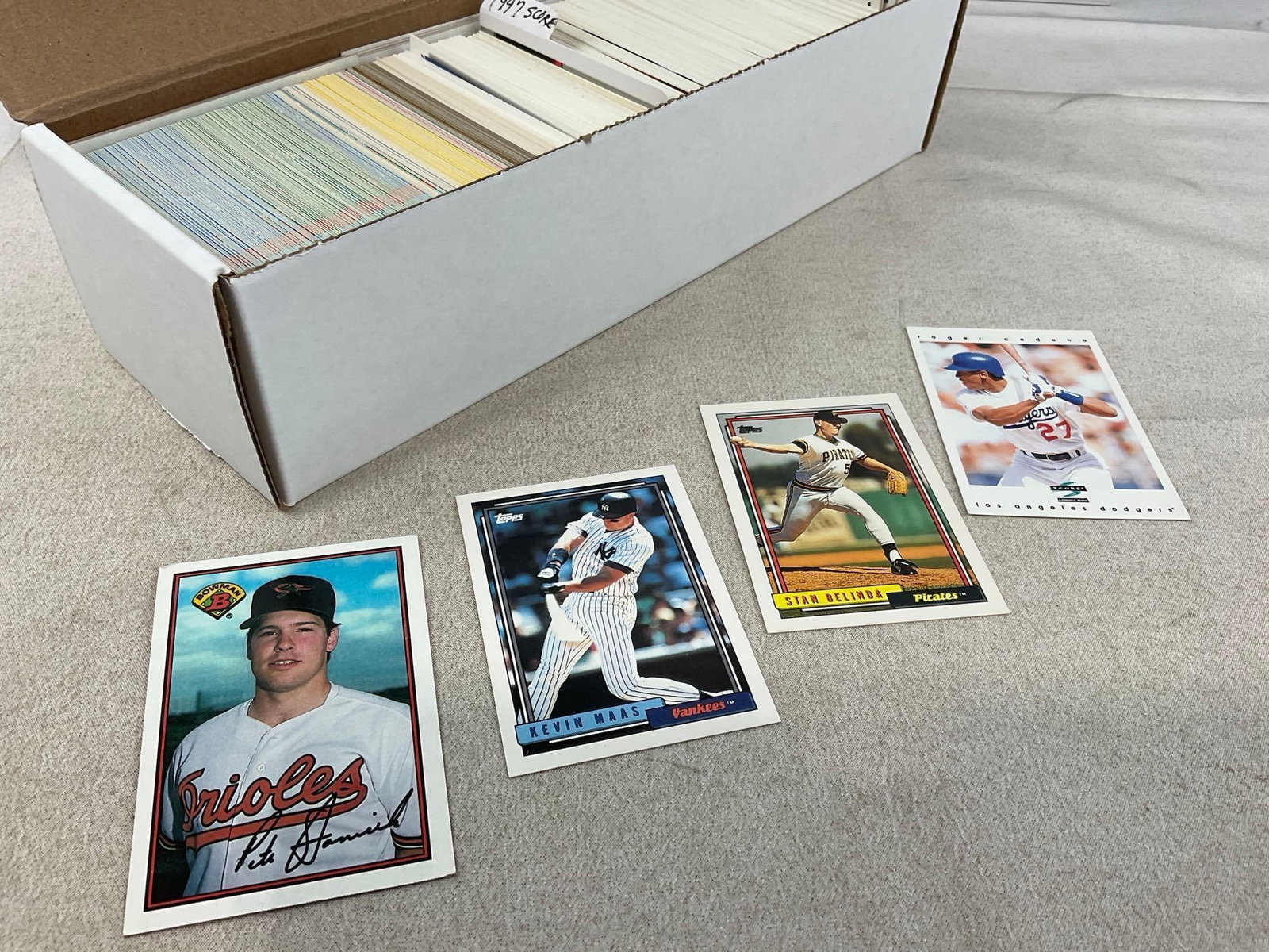 Box of Baseball Cards, largely 1997 Score, 350+ cards, Upper Deck, Bowman, Score, Topps, Donruss - 3