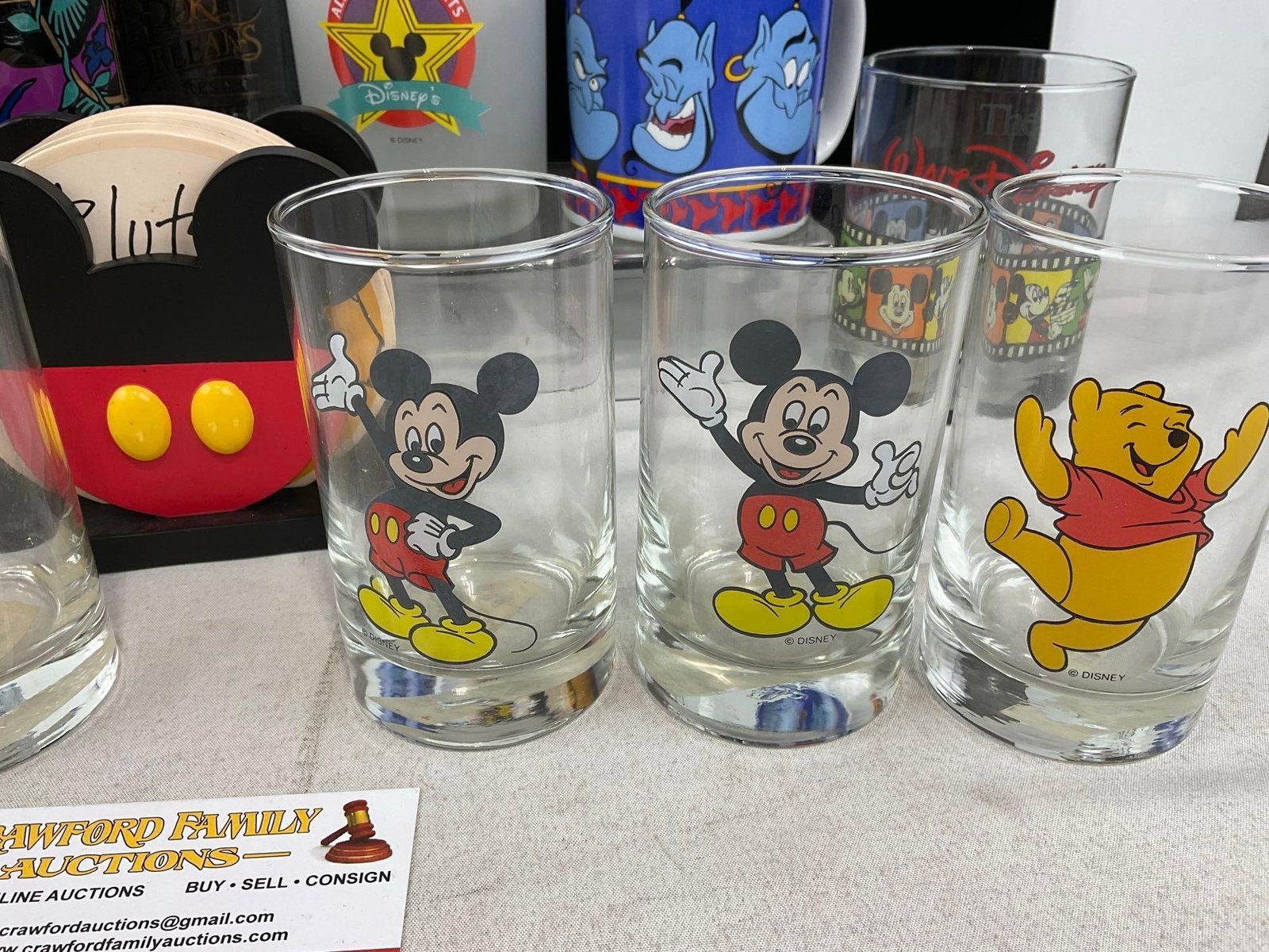 Collection of Disney Cups, Mugs, & Coaster w/holder, Mickey Mouse, Winnie the Pooh, Genie, & more - 3
