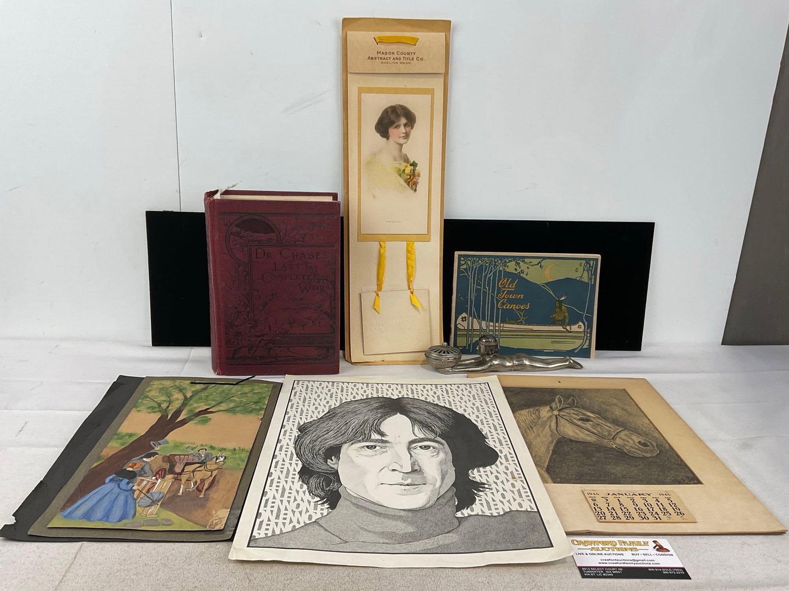 Dr. Chase Last & Complete Works, John Lennon Illustration, Old Town Canoe pamphlet, Vintage Calen...: Appears to be in good shape. The piece measures approx 4h x 19w x 13d inches. See pics. E-6370