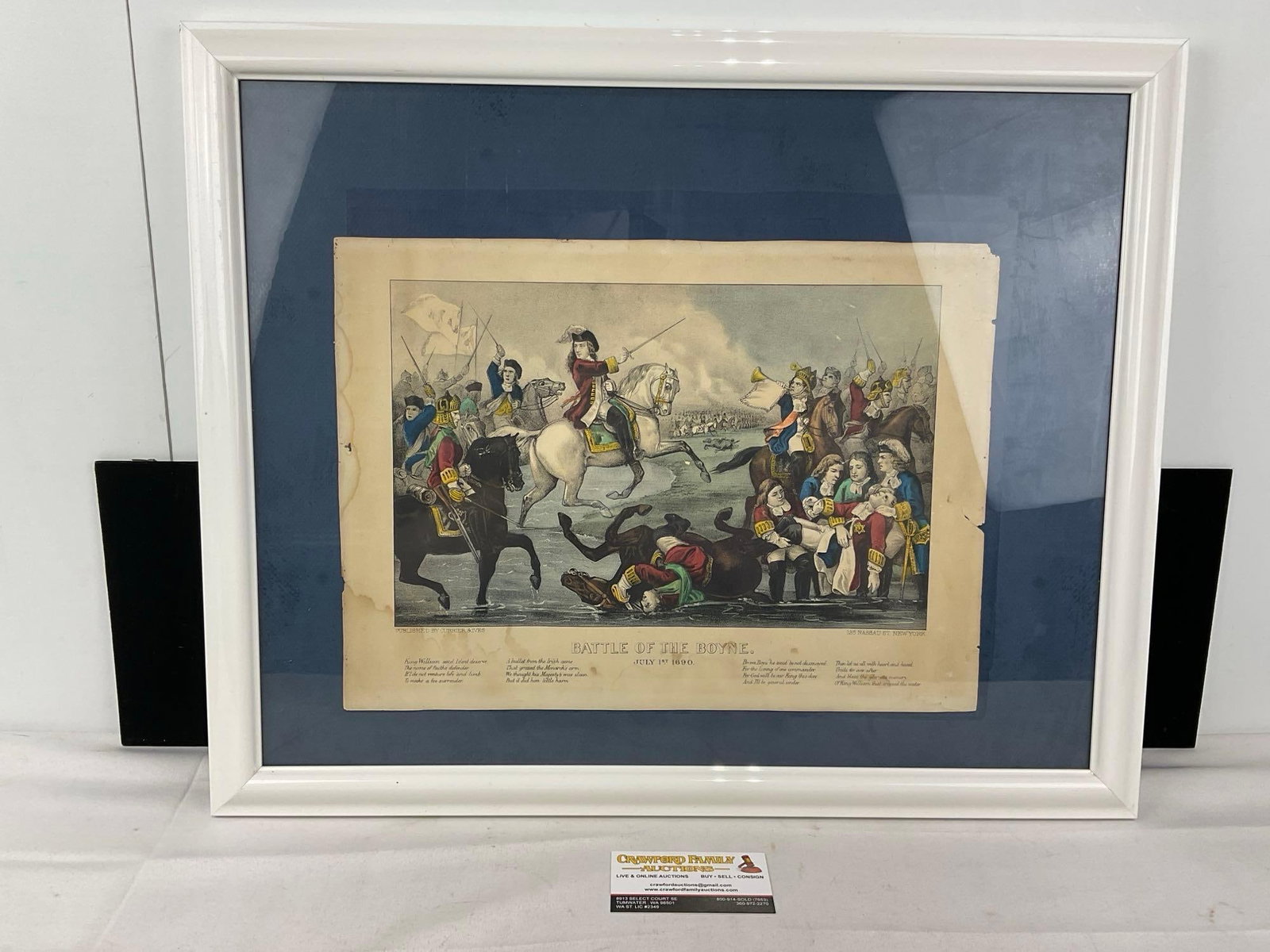 Framed Antique 1870? Currier & Ives Print, Battle of the Boyne, July 1690: Battle where William of Orange defeated King James II. Appears to be in good shape. The piece measures approx 19h x 23w x 3d inches. See pics. E-6370