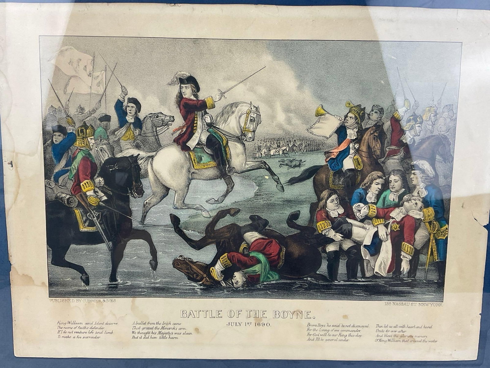 Framed Antique 1870? Currier & Ives Print, Battle of the Boyne, July 1690 - 2