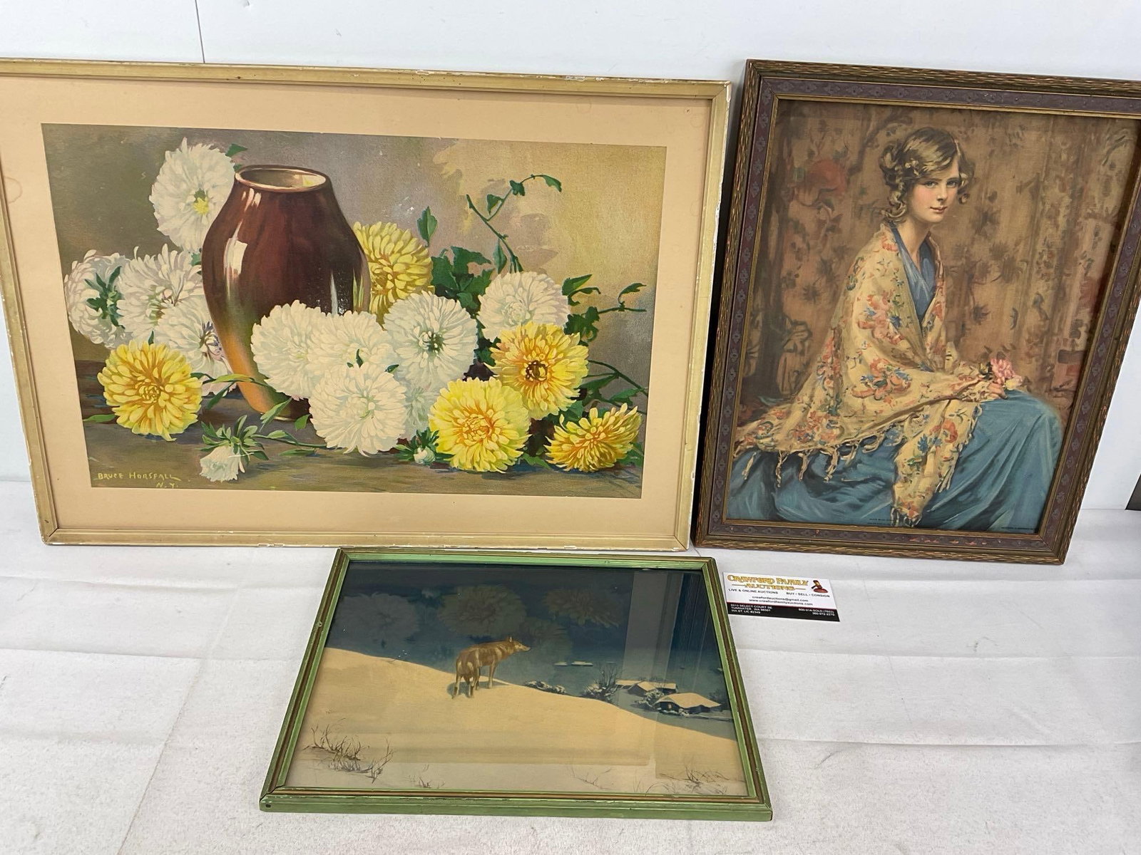 3 Framed Lithos, Lone Wolf by V. Kowalski, Flower Still Life by Bruce Horsfall, & Alice Blue Gown: Appears to be in good shape. The piece measures approx 4h x 16w x 23d inches. See pics. E-6370