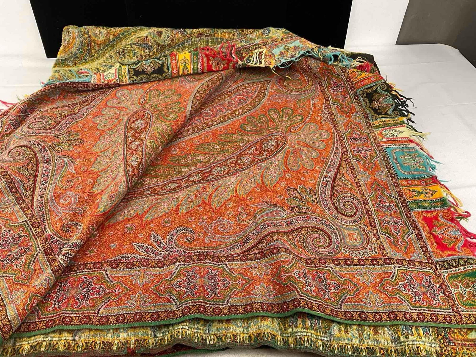 Antique Victorian Kashmir Paisley Jacquard Loom Shawl, approx 110x56 inches, Oranges & reds - 10