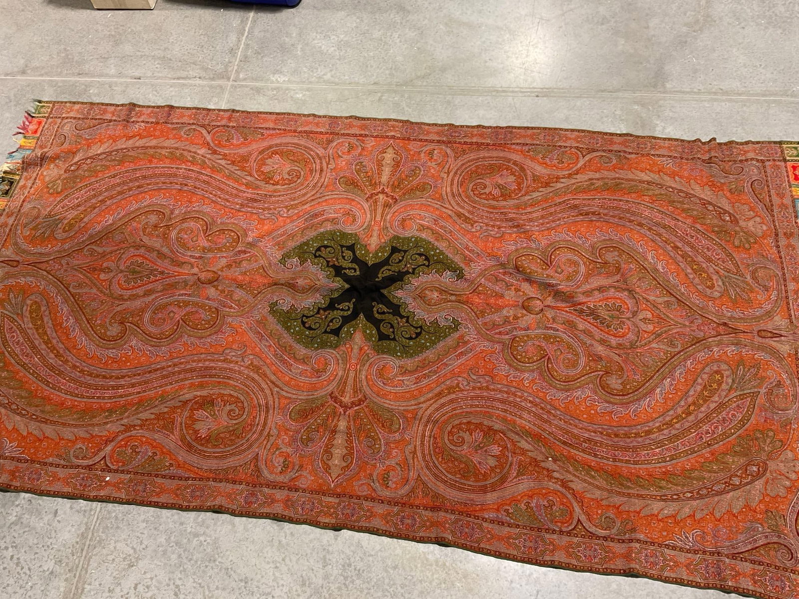 Antique Victorian Kashmir Paisley Jacquard Loom Shawl, approx 110x56 inches, Oranges & reds: Appears to be in good shape. The piece measures approx 8h x 16w x 9d inches when rolled. See pics. E-6370