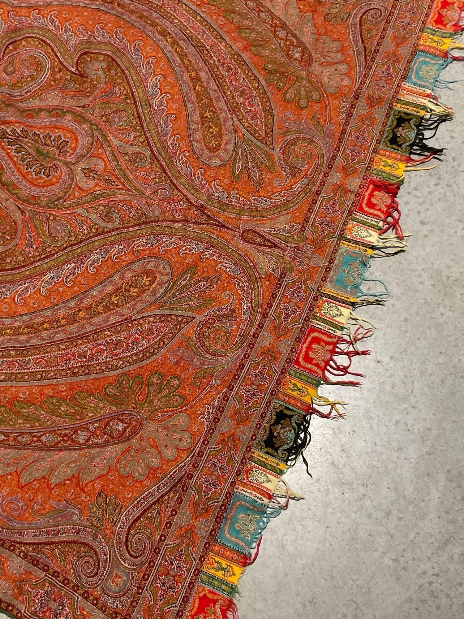 Antique Victorian Kashmir Paisley Jacquard Loom Shawl, approx 110x56 inches, Oranges & reds - 2