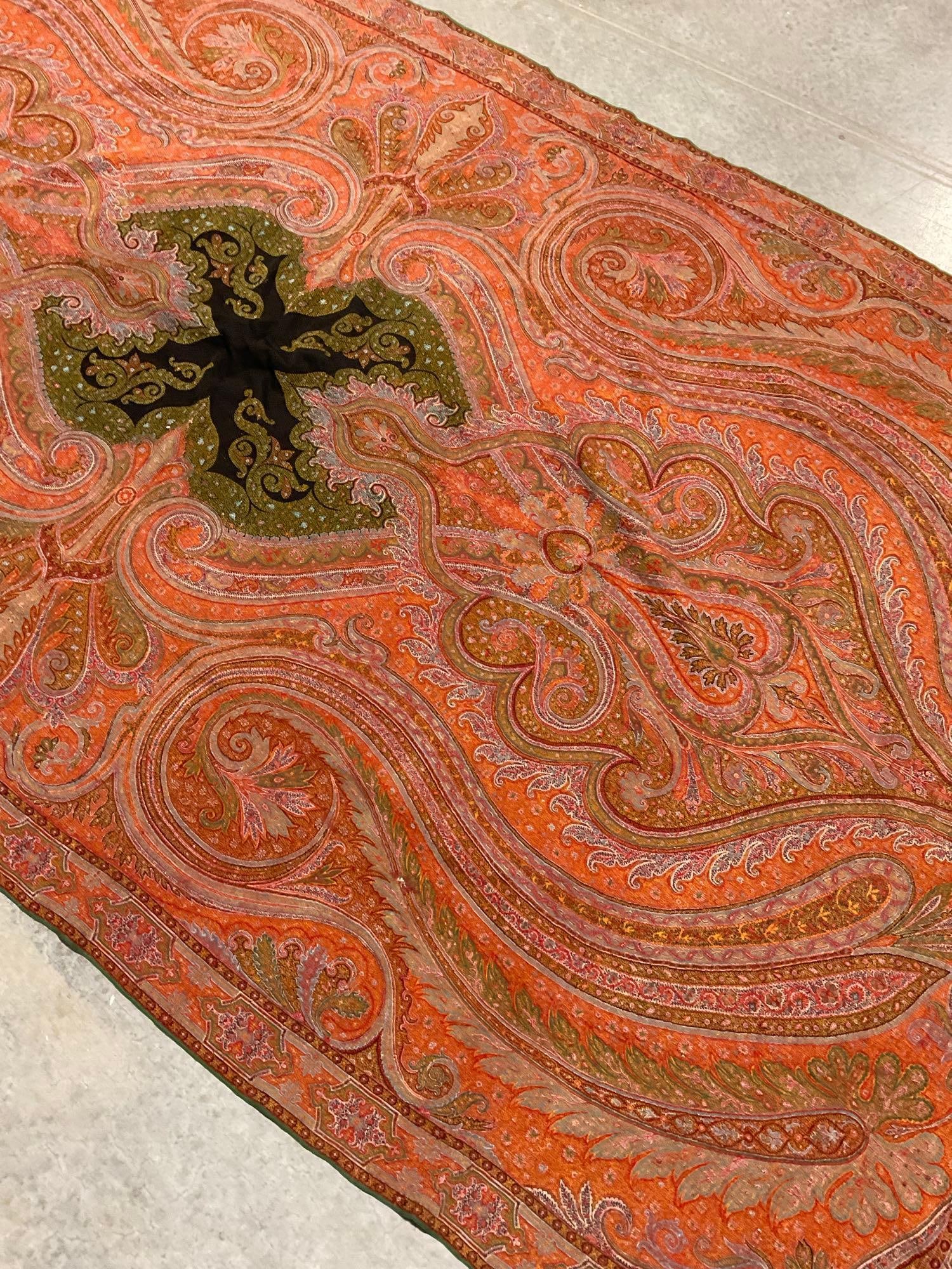Antique Victorian Kashmir Paisley Jacquard Loom Shawl, approx 110x56 inches, Oranges & reds - 3