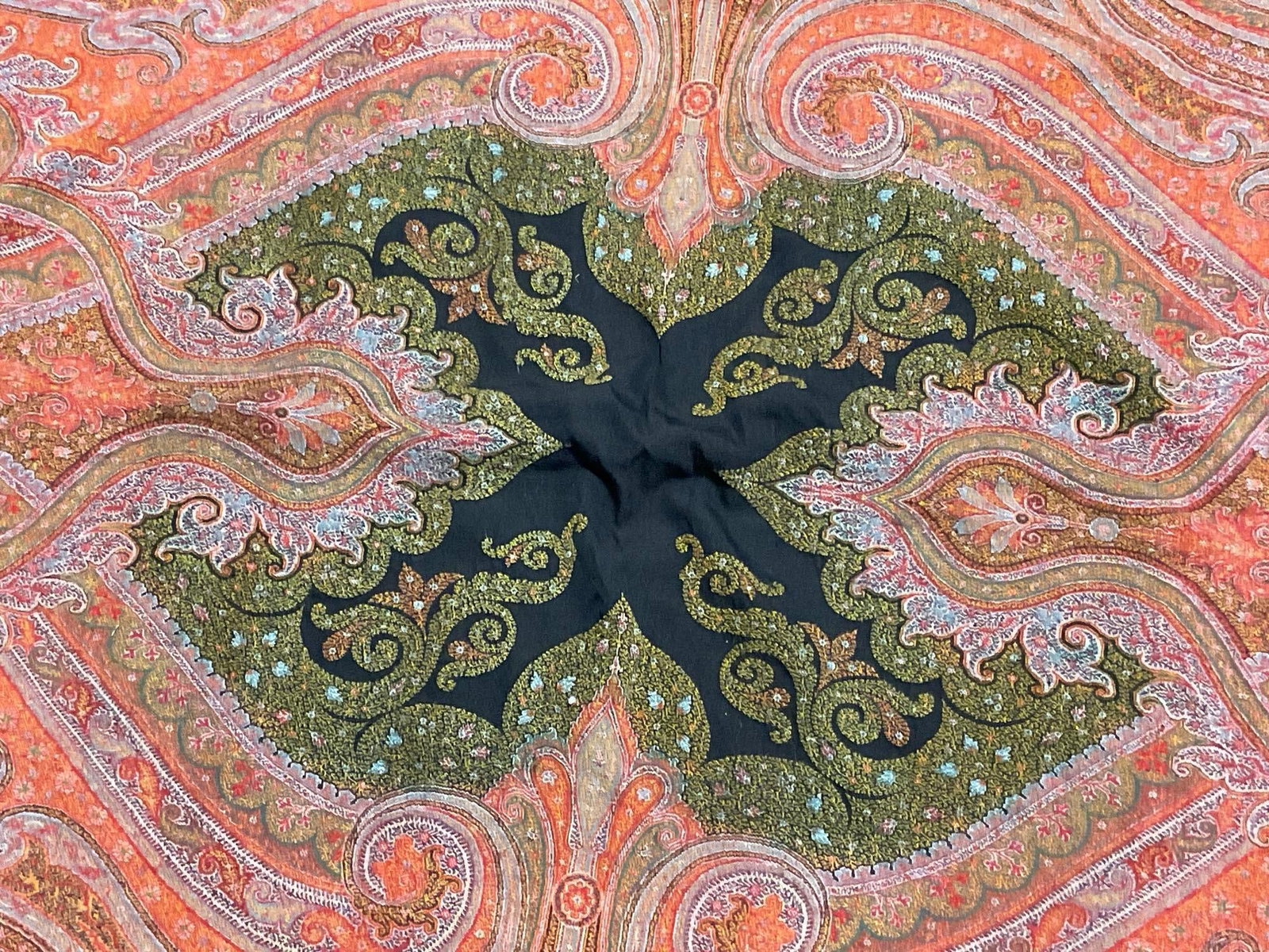 Antique Victorian Kashmir Paisley Jacquard Loom Shawl, approx 110x56 inches, Oranges & reds - 4