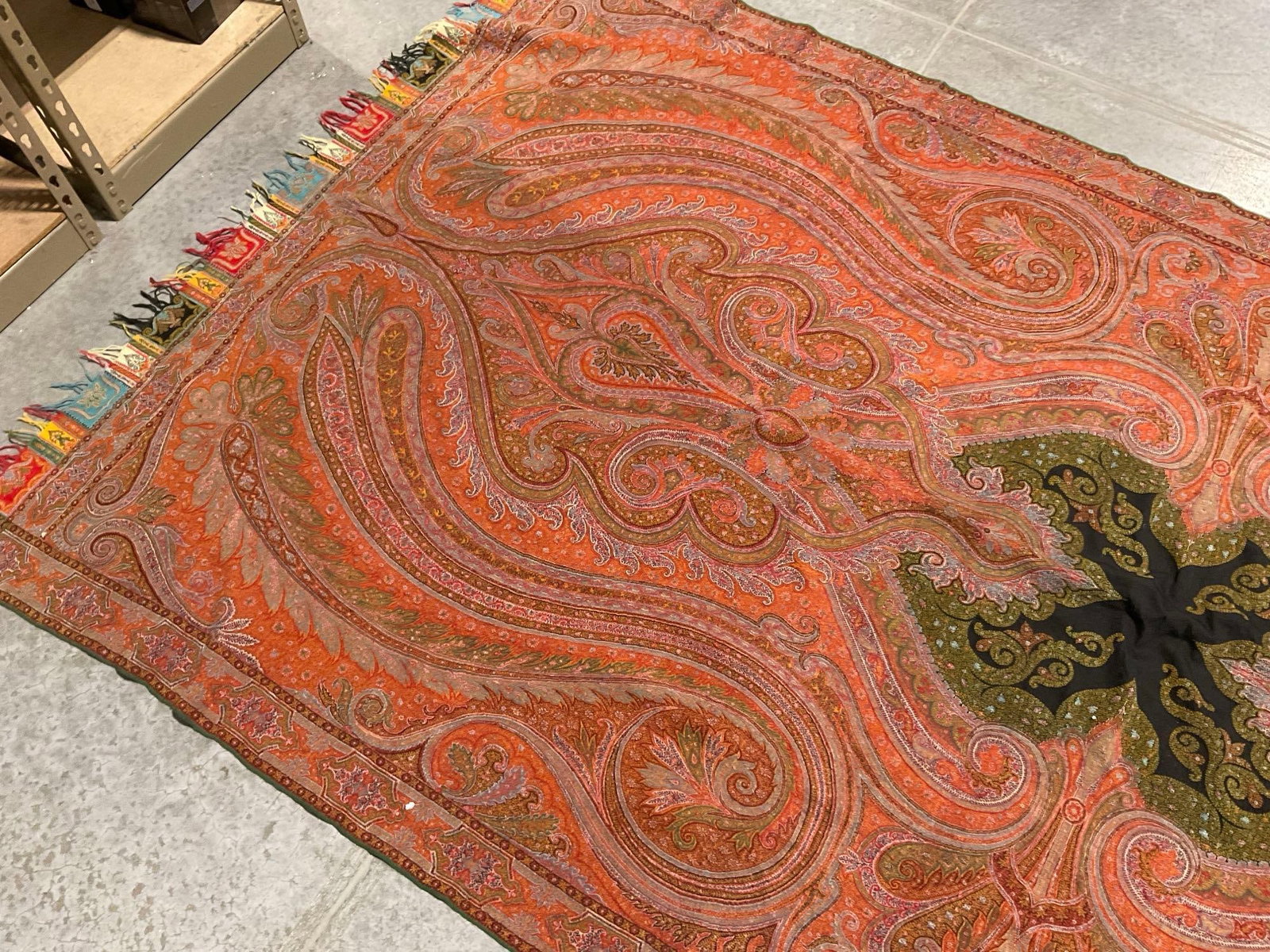 Antique Victorian Kashmir Paisley Jacquard Loom Shawl, approx 110x56 inches, Oranges & reds - 5