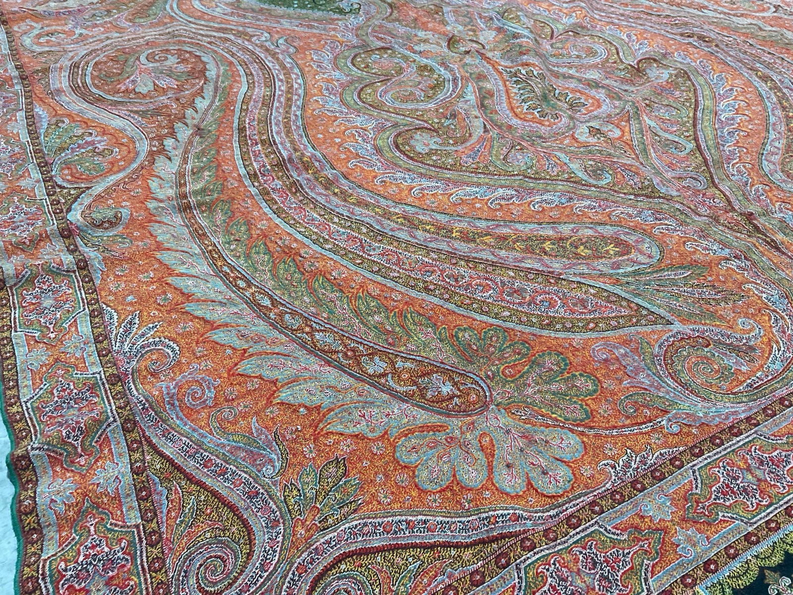 Antique Victorian Kashmir Paisley Jacquard Loom Shawl, approx 110x56 inches, Oranges & reds - 6