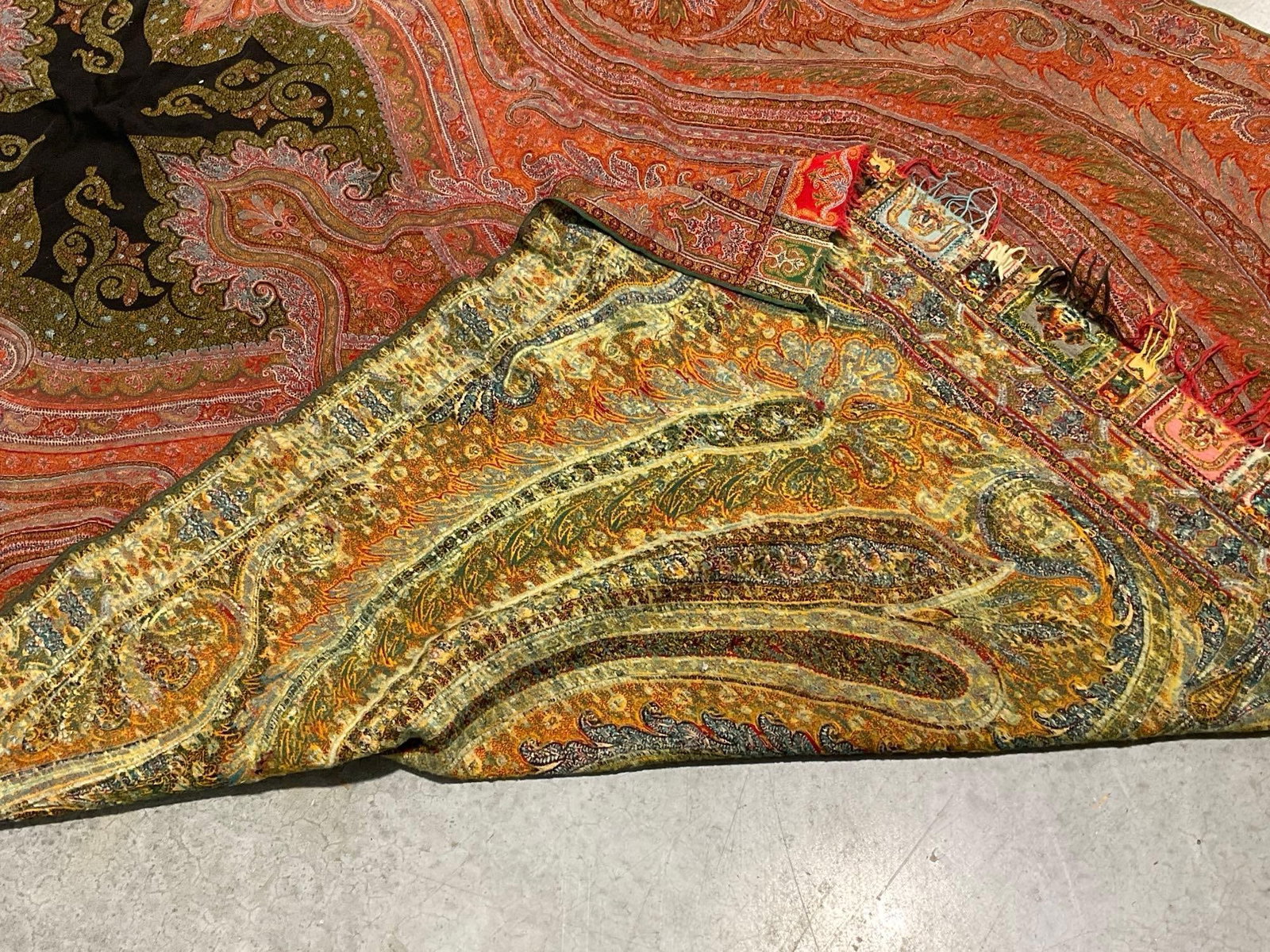 Antique Victorian Kashmir Paisley Jacquard Loom Shawl, approx 110x56 inches, Oranges & reds - 7