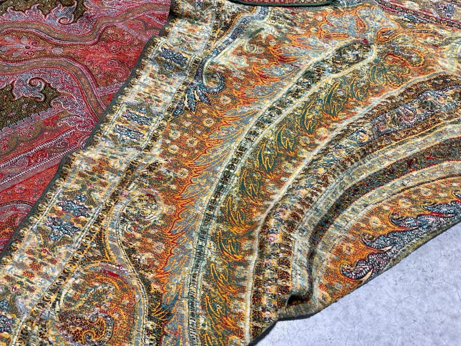 Antique Victorian Kashmir Paisley Jacquard Loom Shawl, approx 110x56 inches, Oranges & reds - 8
