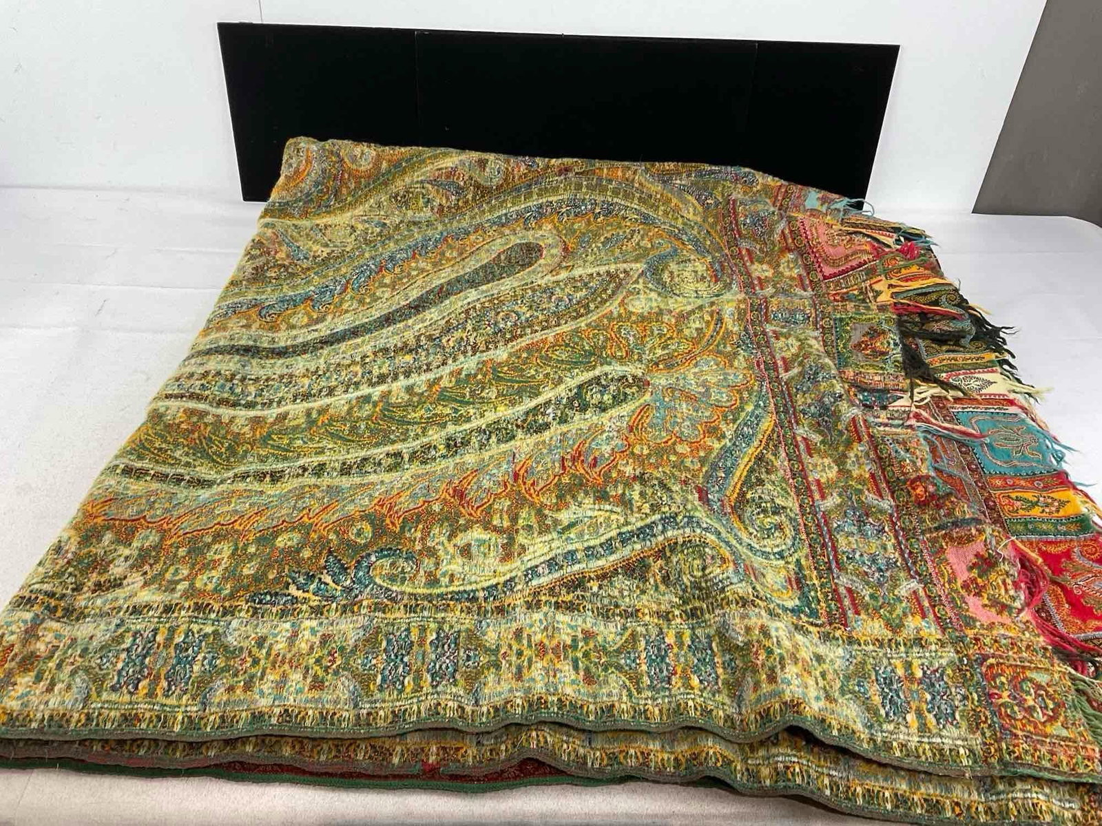 Antique Victorian Kashmir Paisley Jacquard Loom Shawl, approx 110x56 inches, Oranges & reds - 9