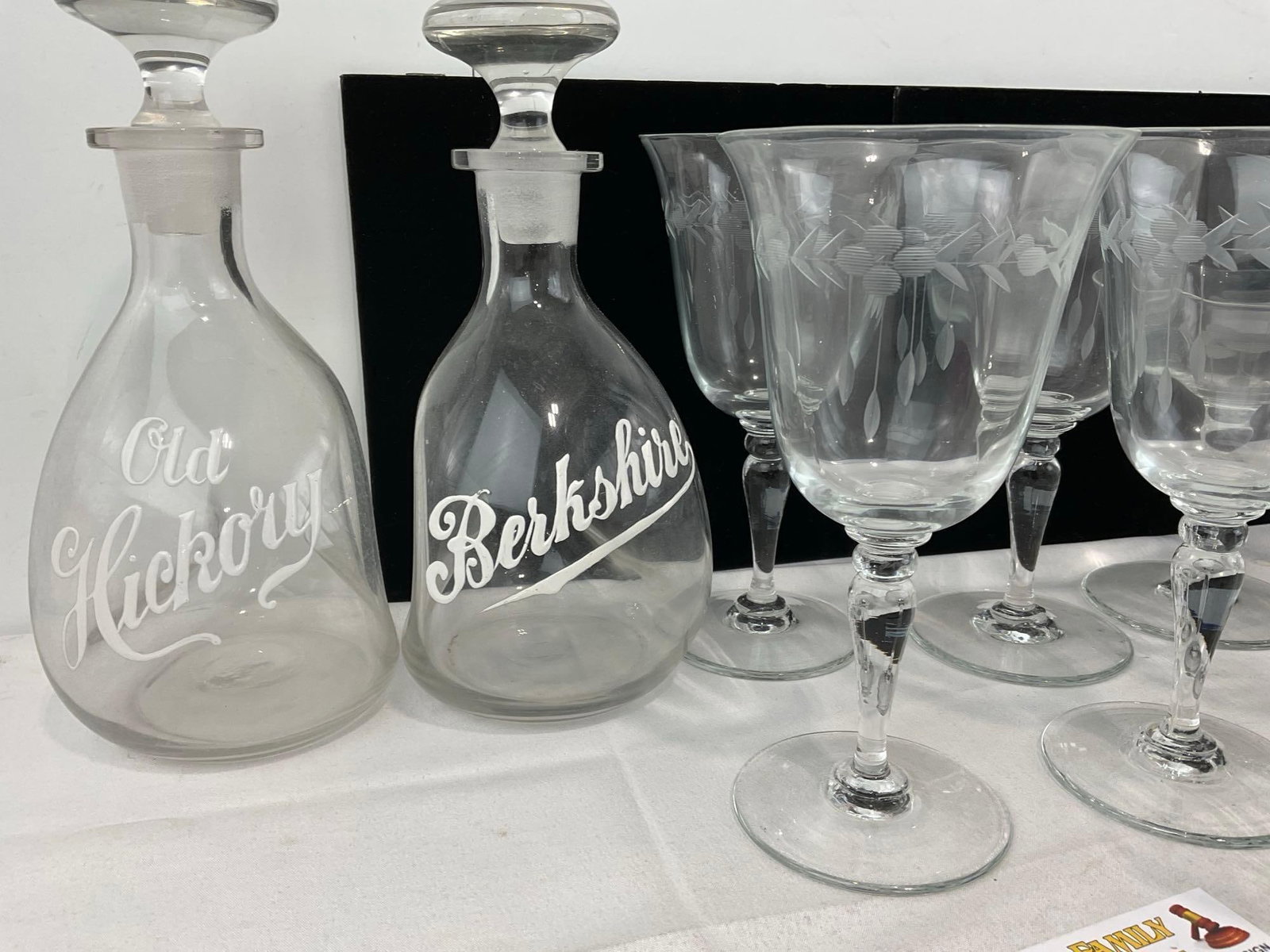 2 Decanters w/stoppers, 17 Princess House etched glasses, Cordial, coupe, wine goblets & more - 2