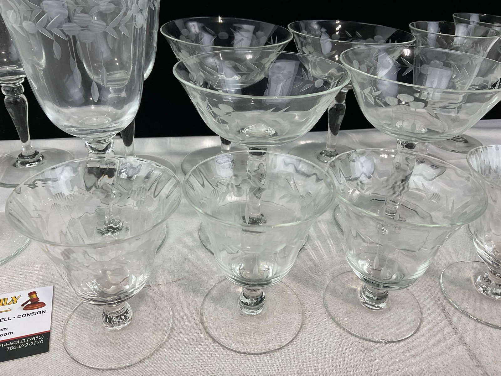 2 Decanters w/stoppers, 17 Princess House etched glasses, Cordial, coupe, wine goblets & more - 3
