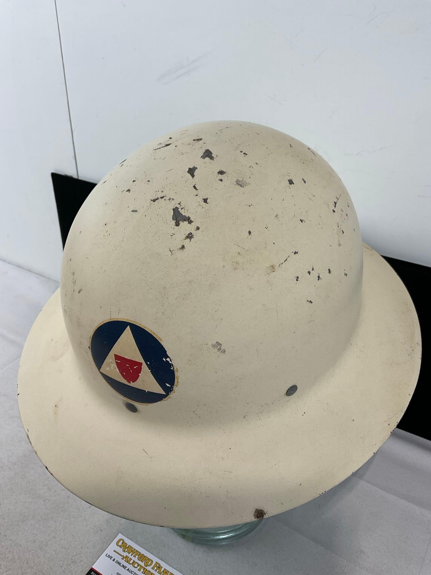 WWII Era US Civil Defense Helmet, White Painted Steel, 7h x 14w x 12d inches - 2