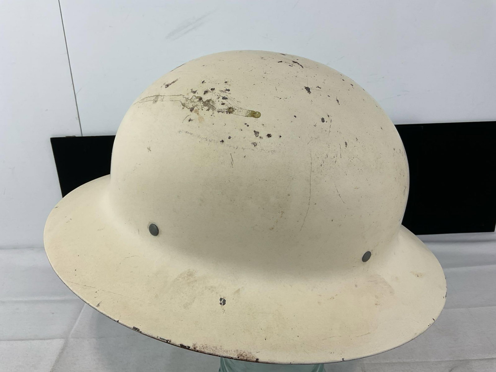 WWII Era US Civil Defense Helmet, White Painted Steel, 7h x 14w x 12d inches - 3