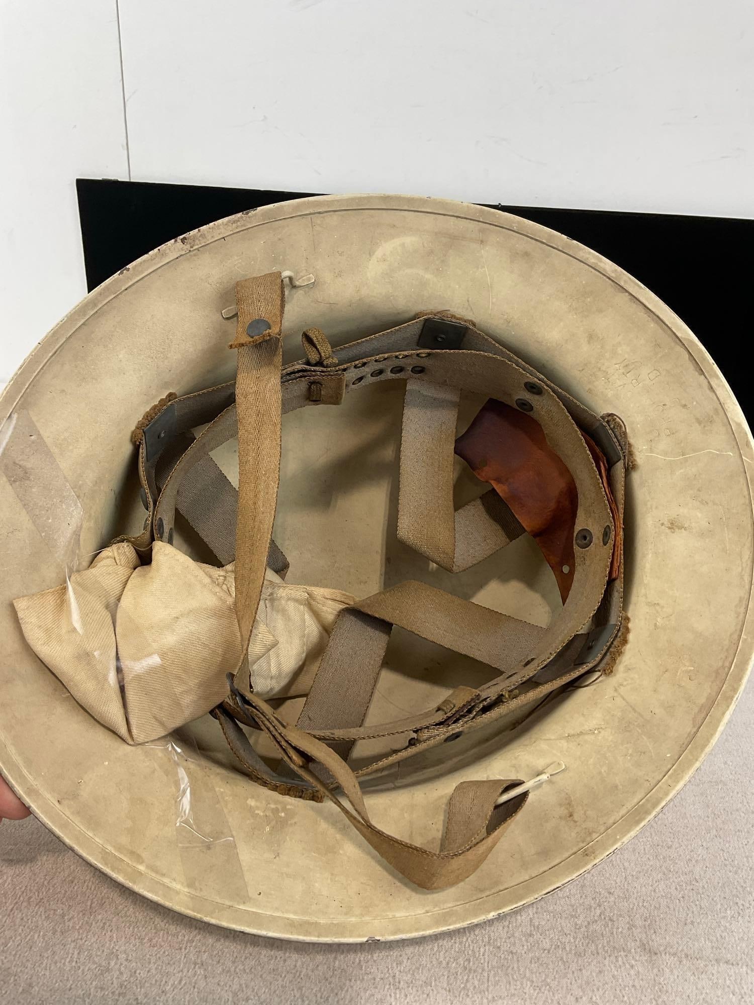 WWII Era US Civil Defense Helmet, White Painted Steel, 7h x 14w x 12d inches - 6