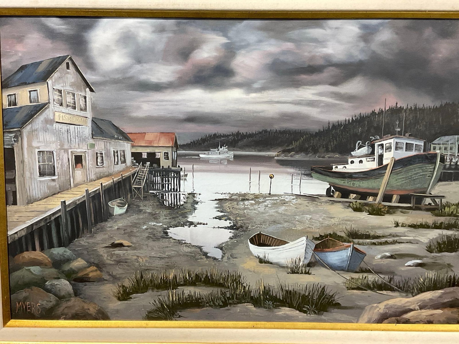 Large Framed Oil on Canvas, Moody Dock & Bay Scene, signed by artist, Myers, 36x48 inch - 2