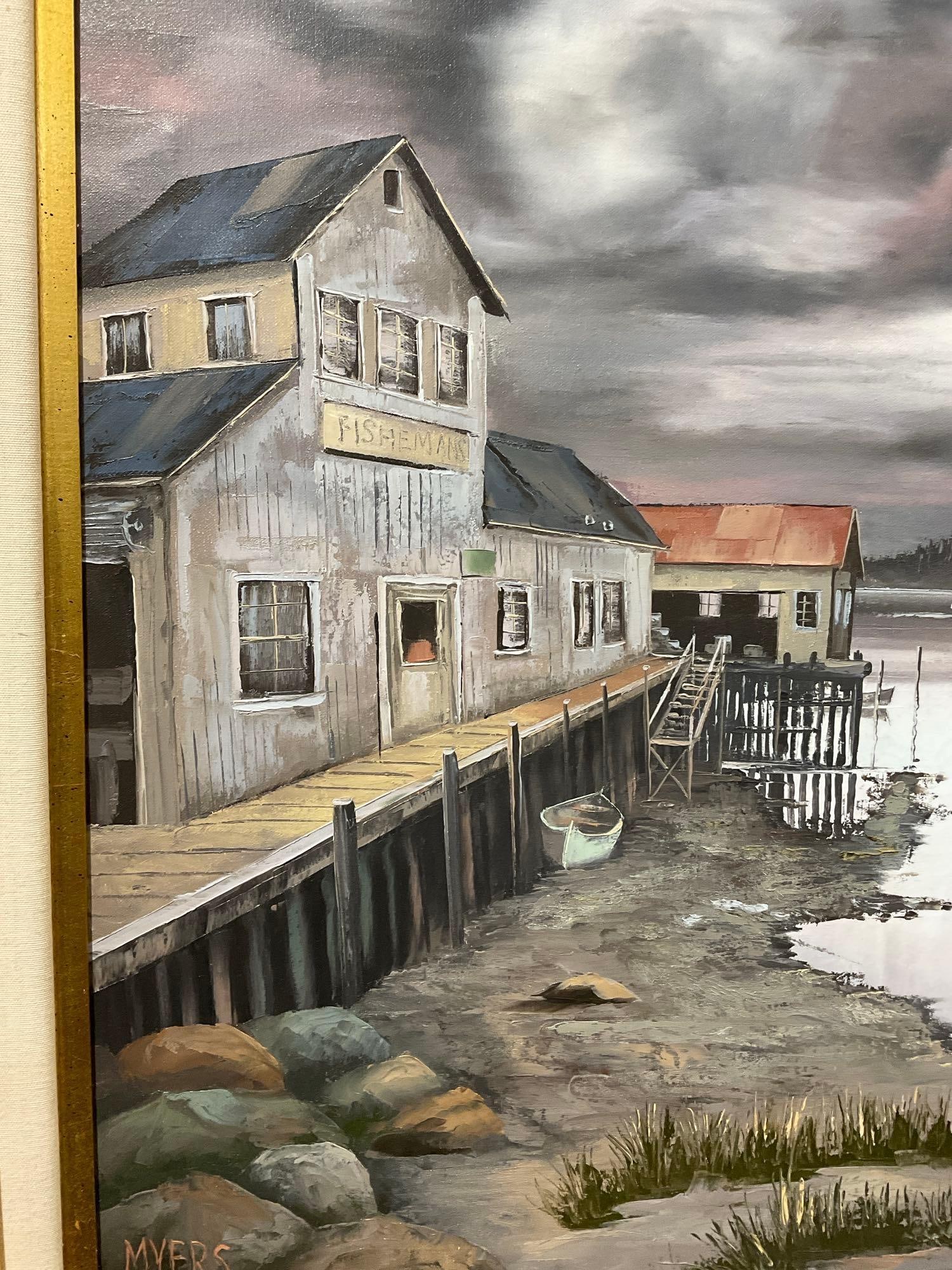 Large Framed Oil on Canvas, Moody Dock & Bay Scene, signed by artist, Myers, 36x48 inch - 3