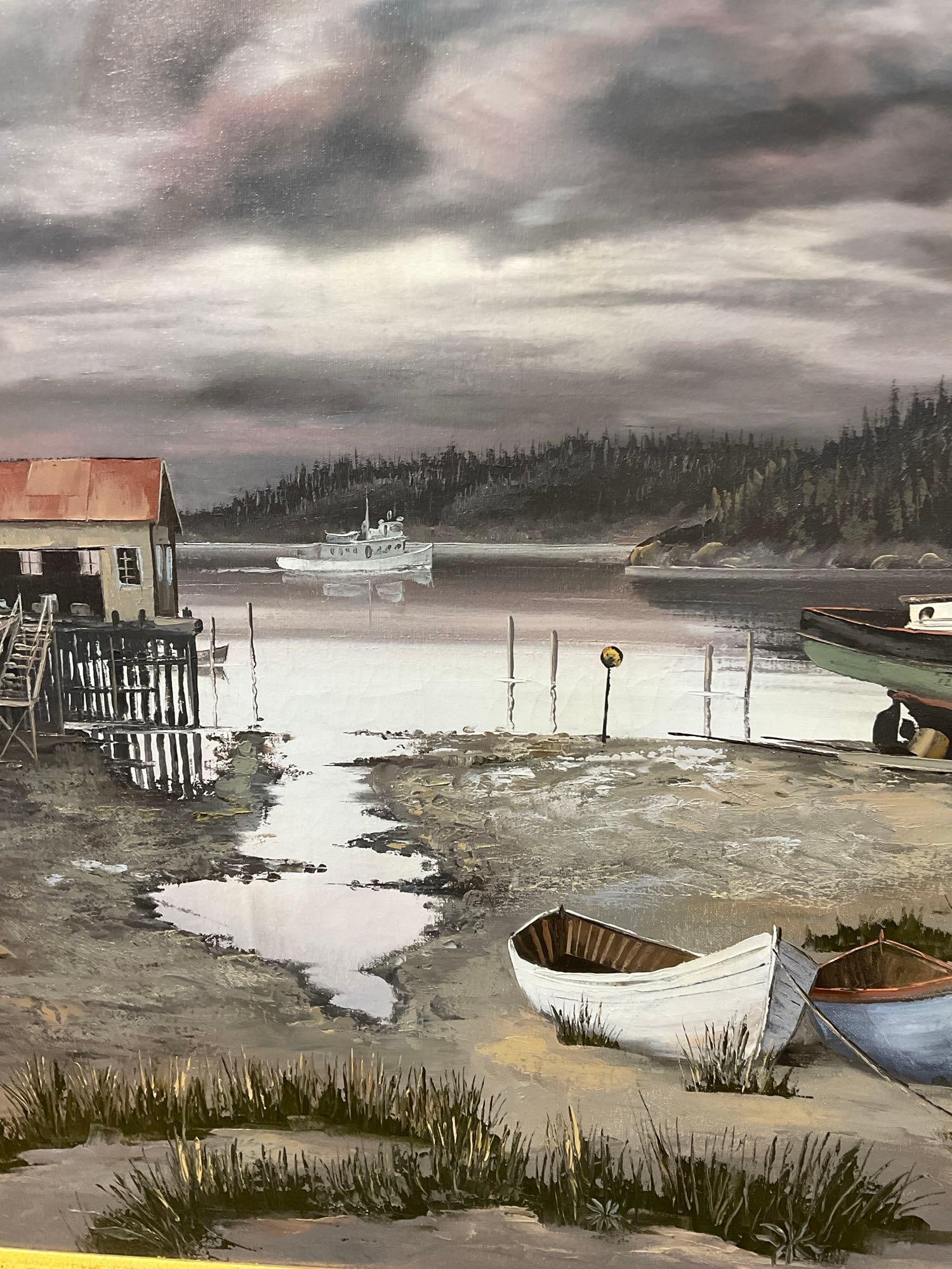 Large Framed Oil on Canvas, Moody Dock & Bay Scene, signed by artist, Myers, 36x48 inch - 4