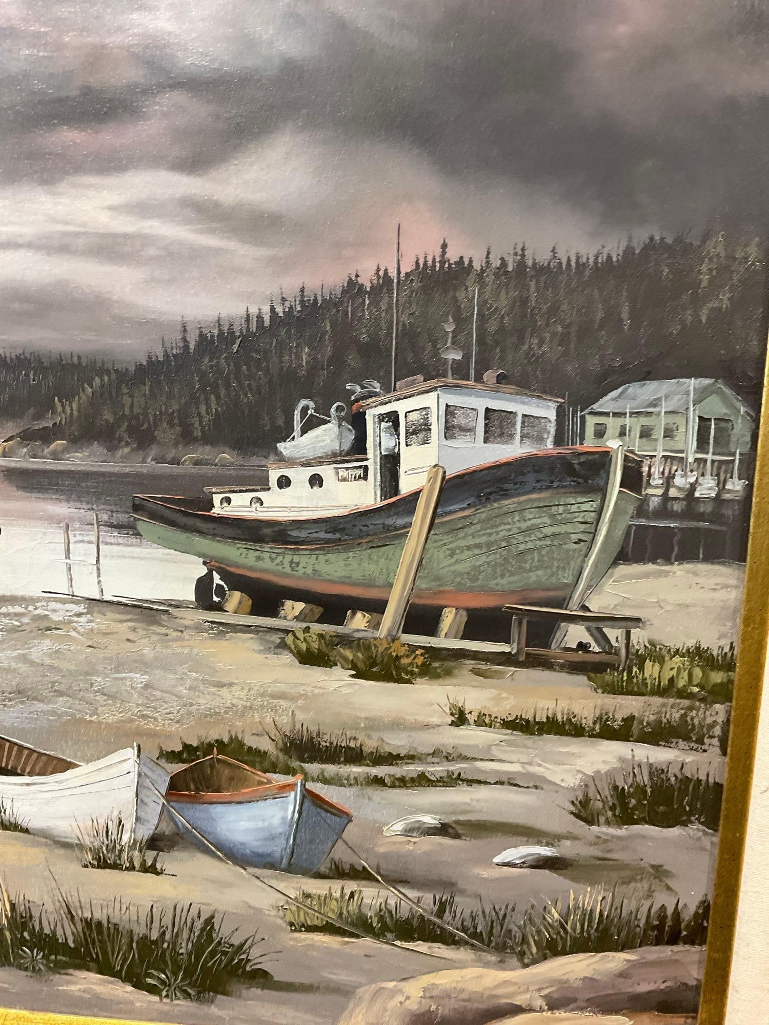 Large Framed Oil on Canvas, Moody Dock & Bay Scene, signed by artist, Myers, 36x48 inch - 5