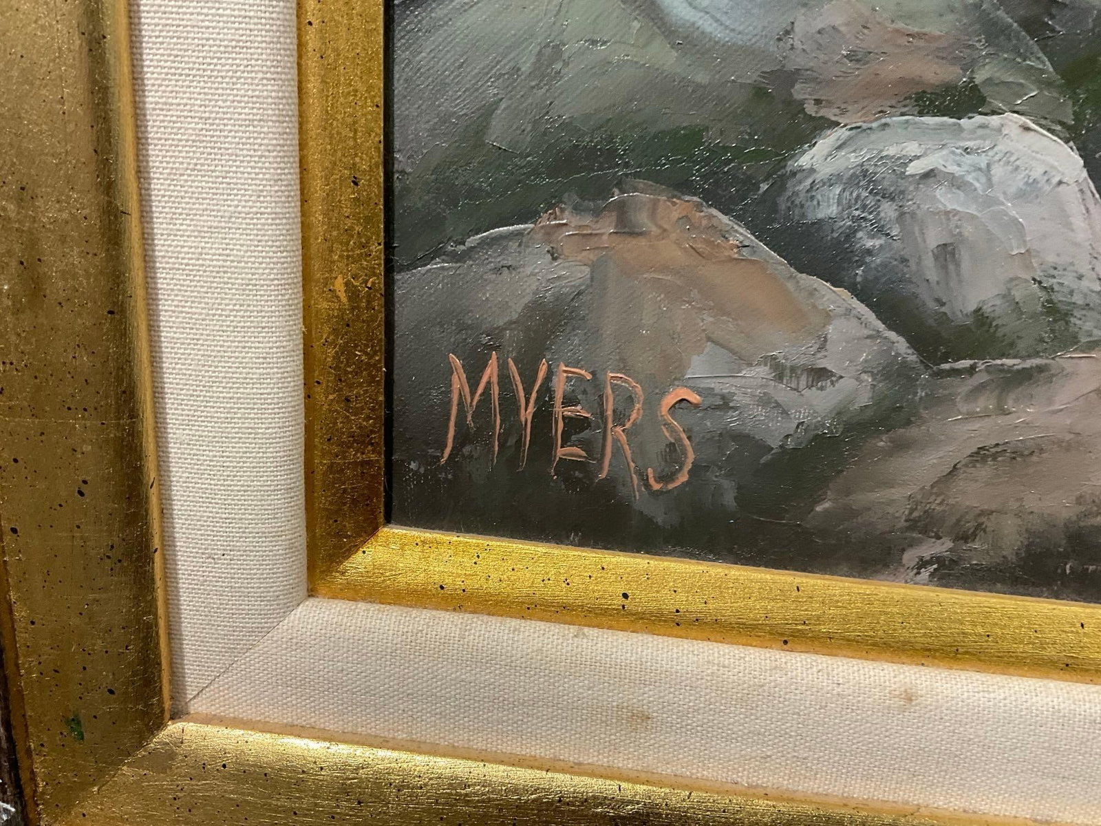 Large Framed Oil on Canvas, Moody Dock & Bay Scene, signed by artist, Myers, 36x48 inch - 6