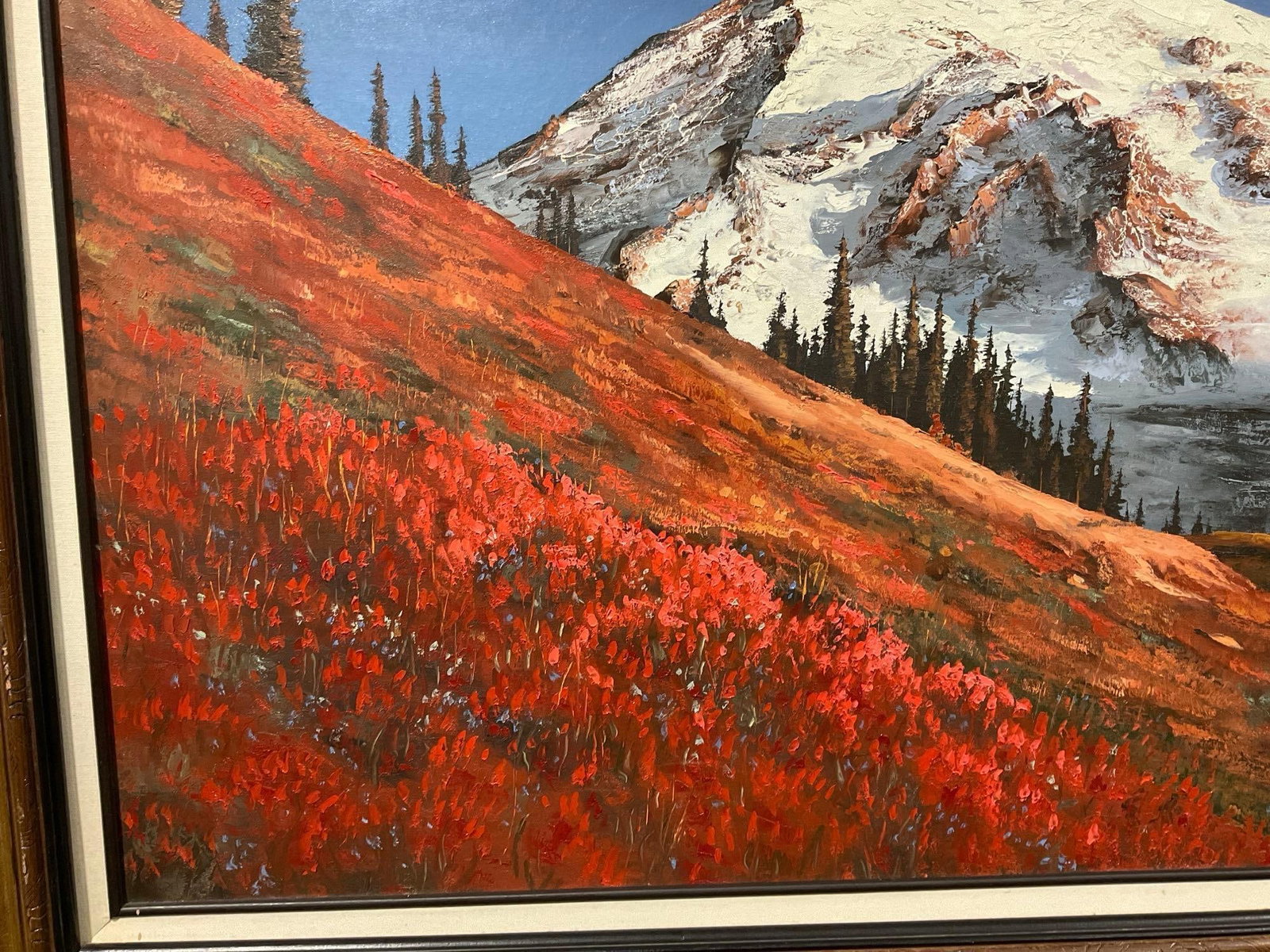 Large Framed Oil on Canvas Painting, Mt Rainier, signed by artist Myers, 33x57 inch - 2