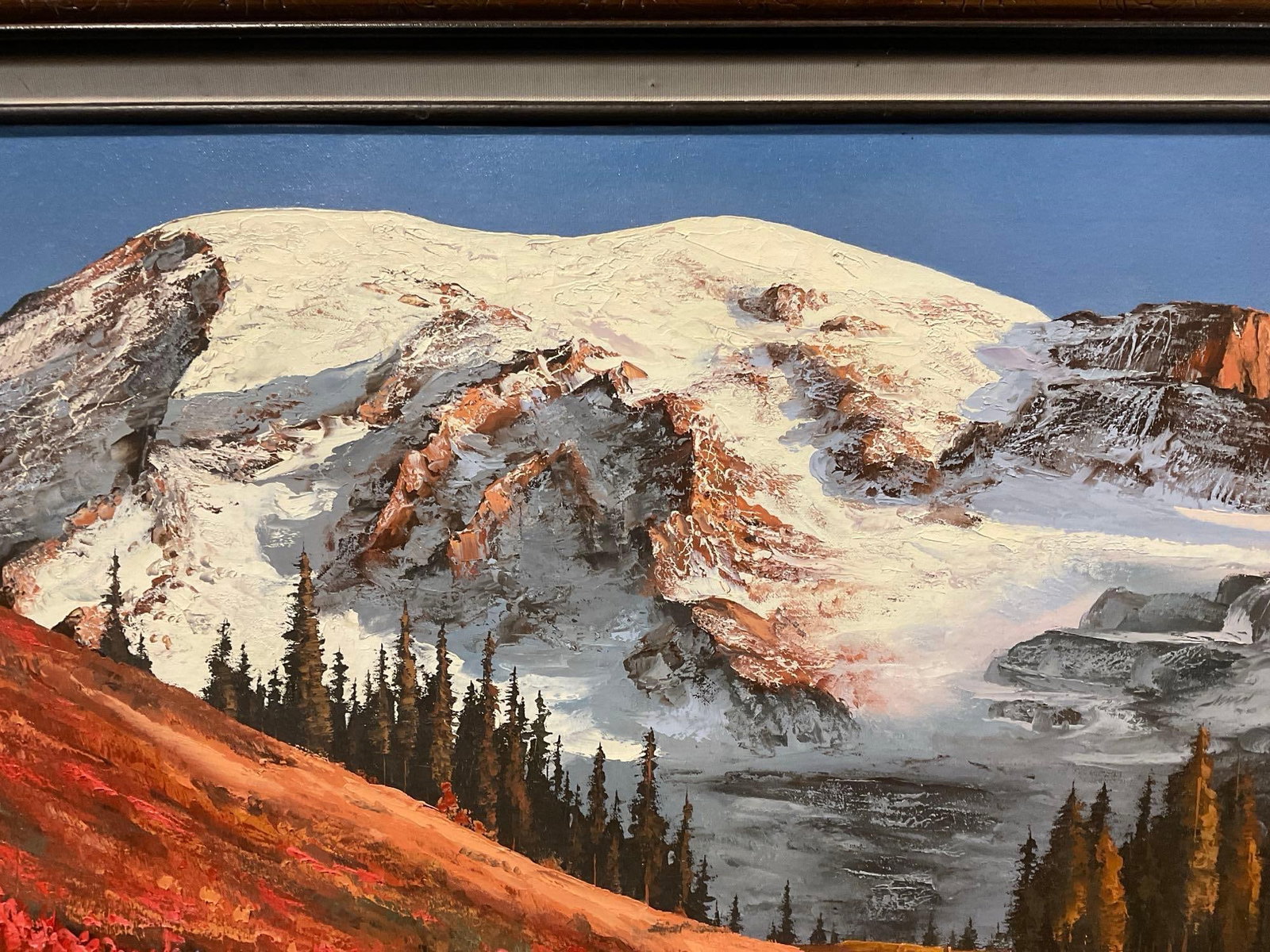 Large Framed Oil on Canvas Painting, Mt Rainier, signed by artist Myers, 33x57 inch - 3